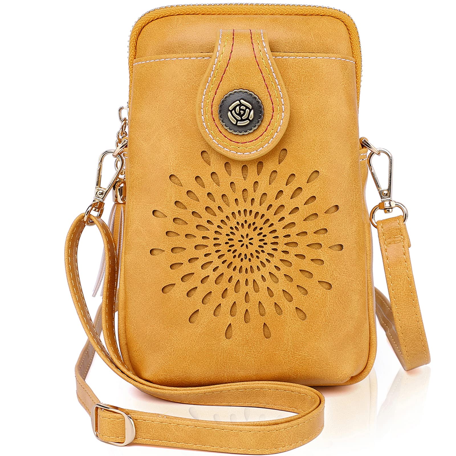 APHISONDesigner Crossbody Phone Bags for Women Cellphone Purse PU Leather Ladies Small Shoulder Bag Girls Gift Sunflower Hollow Out Tassel, 163-1yellow, S