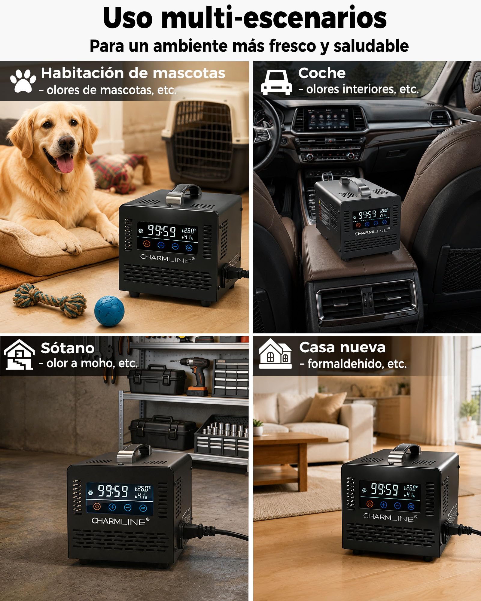 Charmline generador de ozono inteligente para eliminar olores en habitaciones, coches, zonas para mascotas y sótanos, professional ozone machine con mando a distancia, 60.000 mg/h, Negro