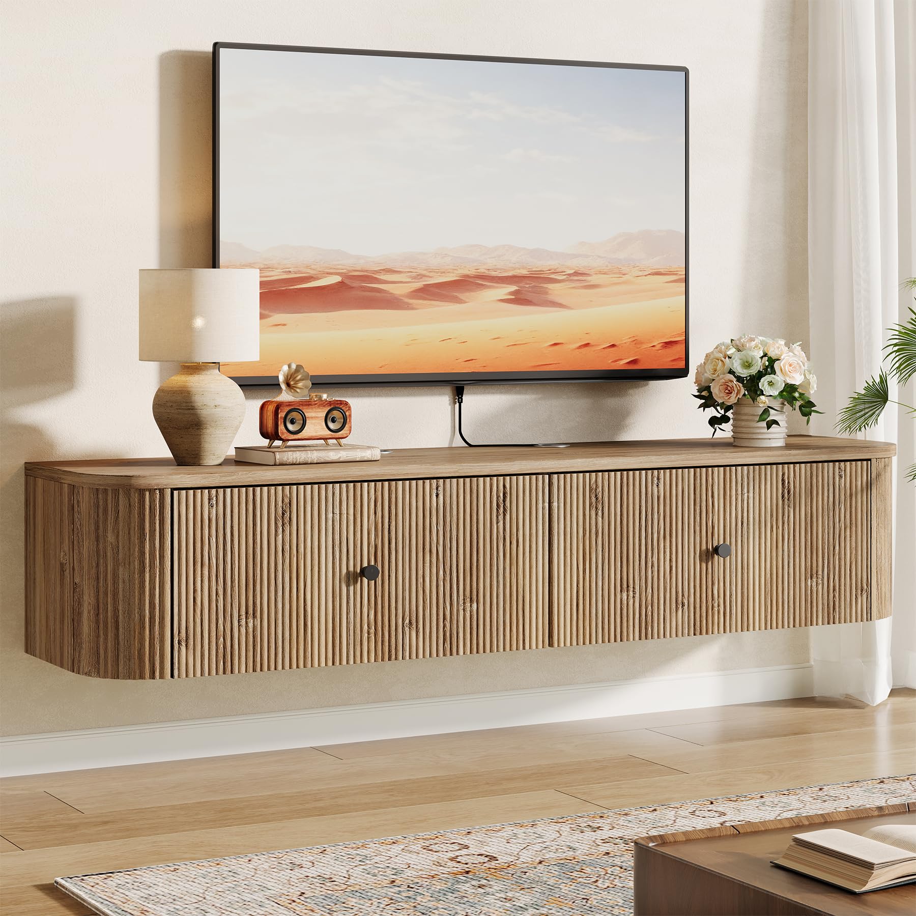 Tribesigns Mobile TV sospeso da parete, console TV da 140 cm con 2 cassetti scanalati, moderna tavola multimediale sospesa per soggiorno, camera da letto, rovere