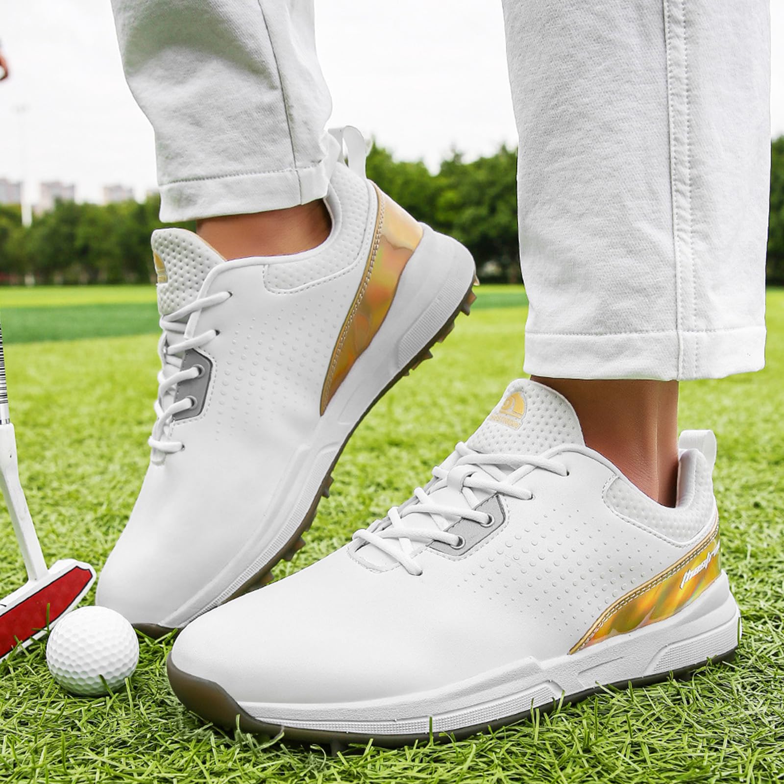 Zapato de Golf Impermeable sin Clavos Hombre Transpirables Ajuste Relajado Zapatos de Golf Cuero Profesionales