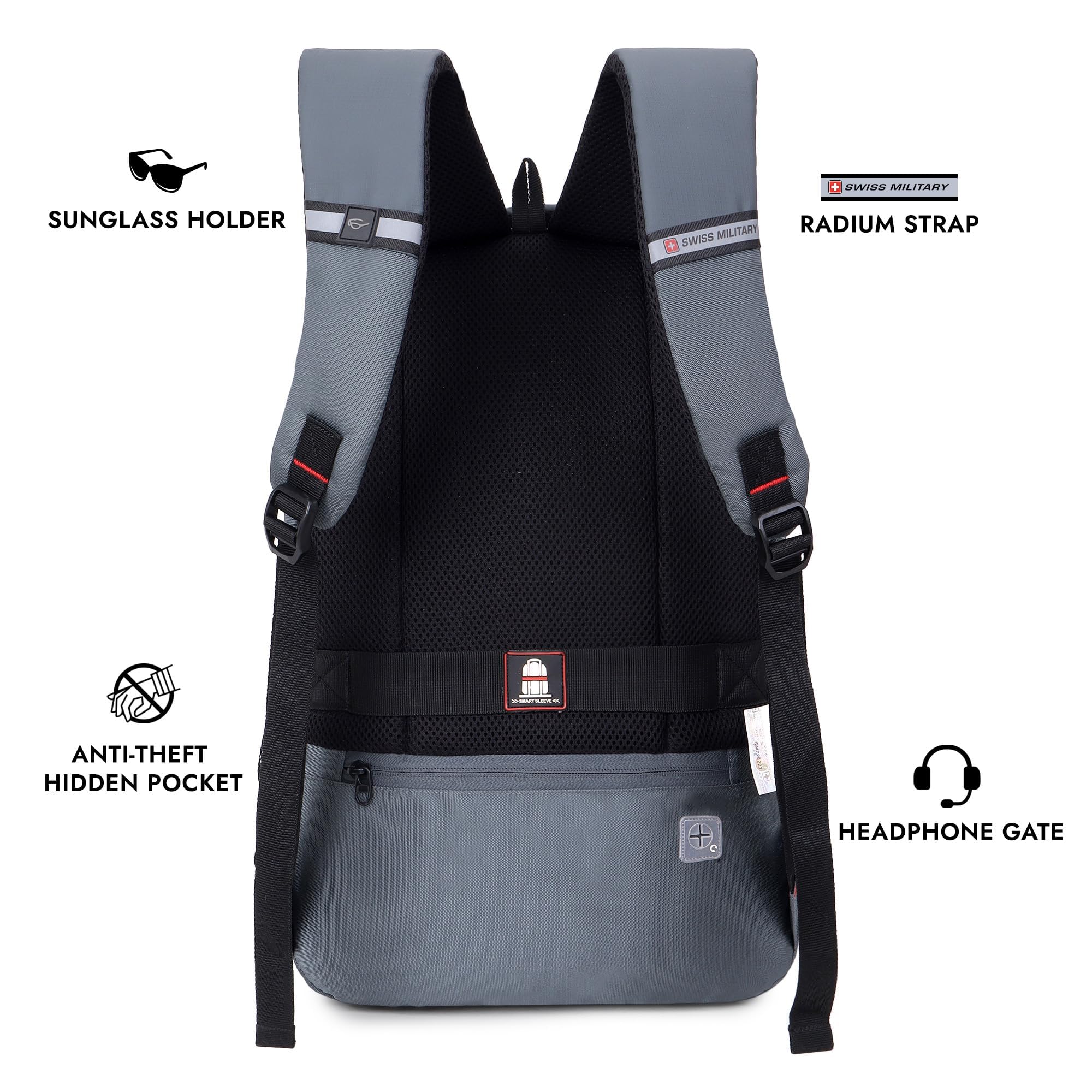 SWISS MILITARY 30L Laptop Travel Backpack for 15.6 Inch Laptop, Unisex Office & College Bag with Luggage Strap, Anti-Theft Pocket, Detachable Key Ring & Expandable Bottle Pocket Grey 2
