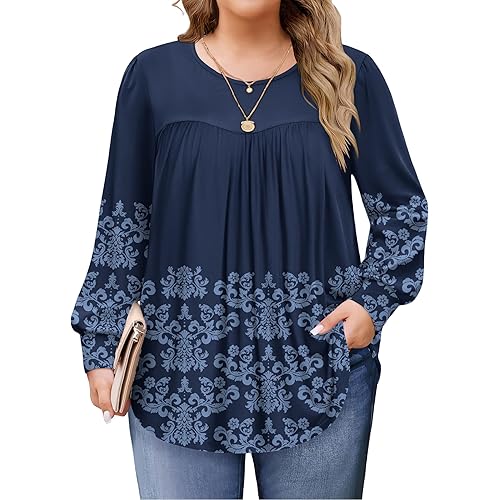 IN'VOLAND Womens Plus Size Tops Long Sleeve Shirts Crew Neck Flowy Tunic Fall Casual Loose Blouse 1X-5X