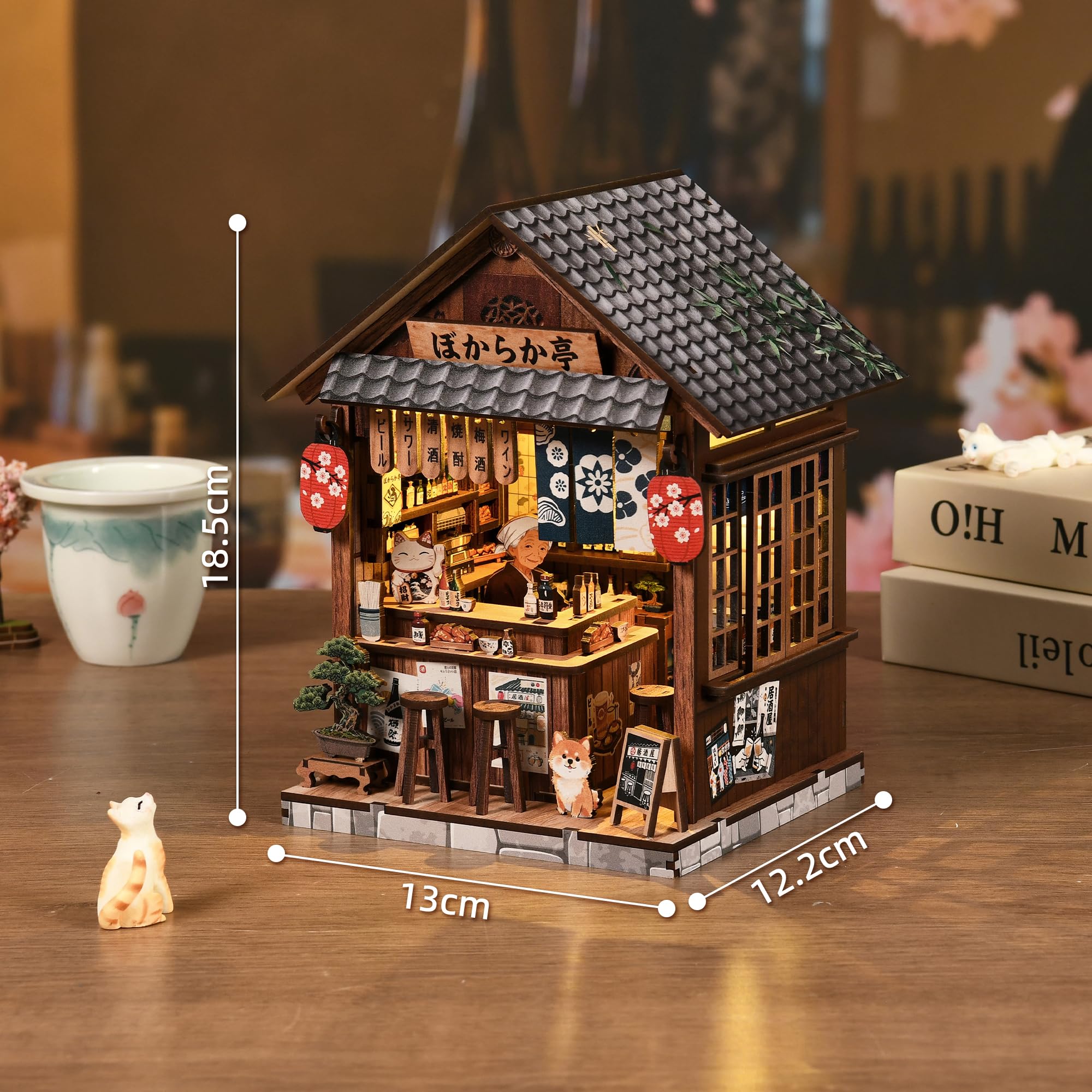 Book Nook Kit Japońskie Izakaya ze światłem LED | Drewniane puzzle 3D | Miniaturowa scena Japonii | Dotykowe światło LED | Kreatywne DIY | Dekoracja regału