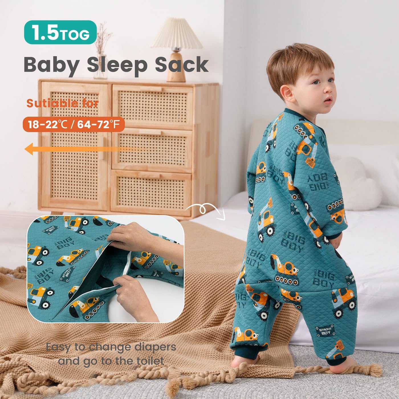 LILBESTIE Sacco a pelo per Bambini, in Morbido Cotone con Piedini da 1,5 TOG, Coperta Indossabile con sacco a Maniche Lunghe, per Tutte le Stagioni, Escavatore