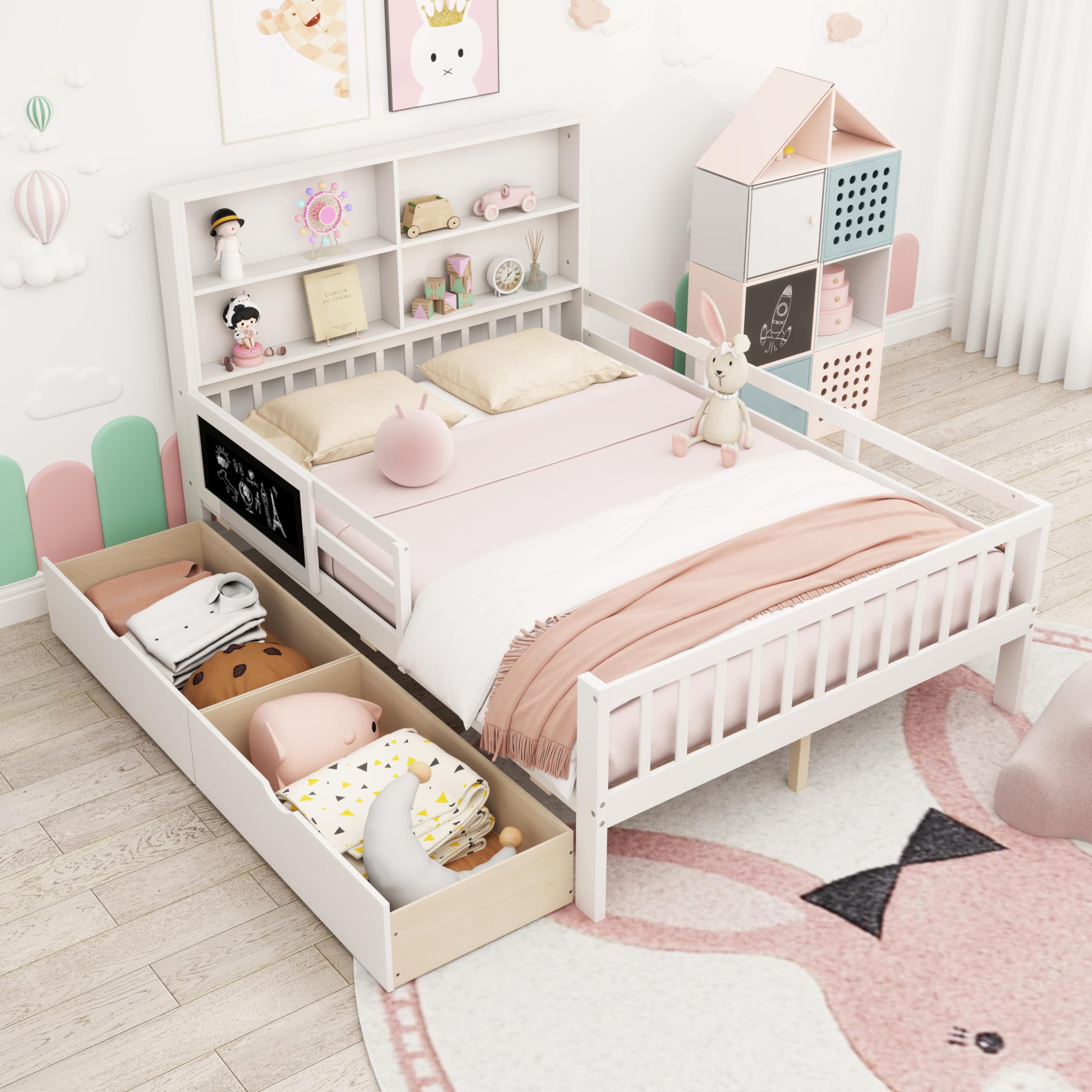 GIANTEX Kinderbett 140x200 cm mit Bücherregal & Tafel, Doppelbett mit Stauraum, Jugendbett mit 2 Schubladen, Plattformbett Bettgestell mit Rausfallschutz & Lattenrost, Holzbett für Kinder, Weiß