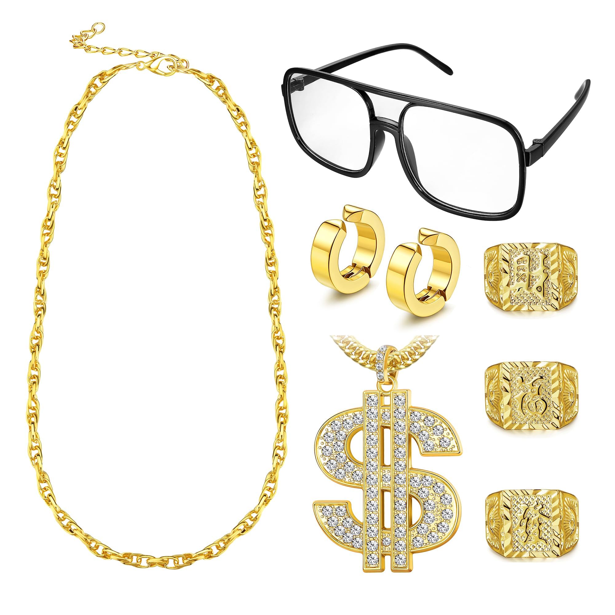 Diamday 80s 90s Kit de Costume Hip Hop Fausse Chaîne d'argent en Or Lunettes de Soleil Rapper Punk Boucles d'oreilles en Or Bracelets Chian Deguisement Annee 80 Homme