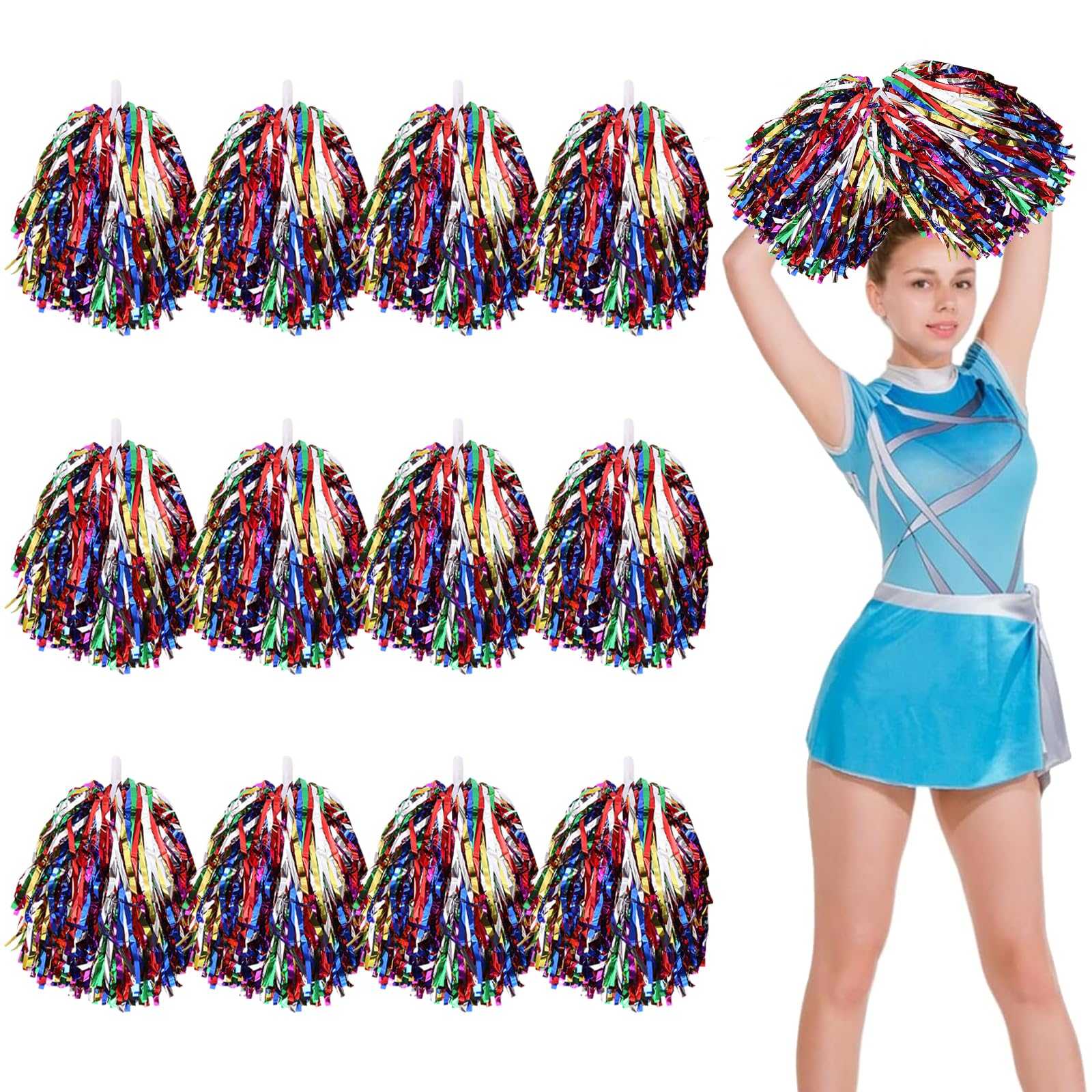 12pcs Cheerleading Pom Poms with Handle Cheerleader Pompoms Metallic Foil Pom Poms Cheerleader Outfit Accessories for Sports Team Spirit Cheering Party Dance Night Party (Multicolor)