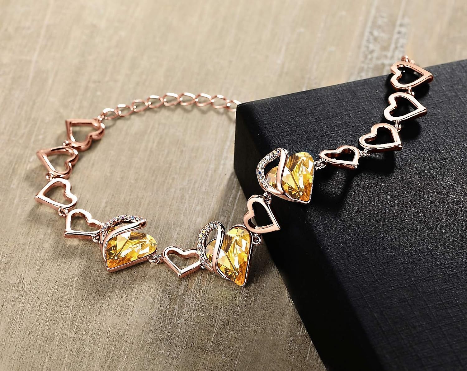 Leafael Infinity Love Crystal Heart Bundle Jewelry Set with Amber Brown Healing Stone Crystal for Balance Gifts for Women Necklace Earrings Bracelet, 18K Rose Gold Plated