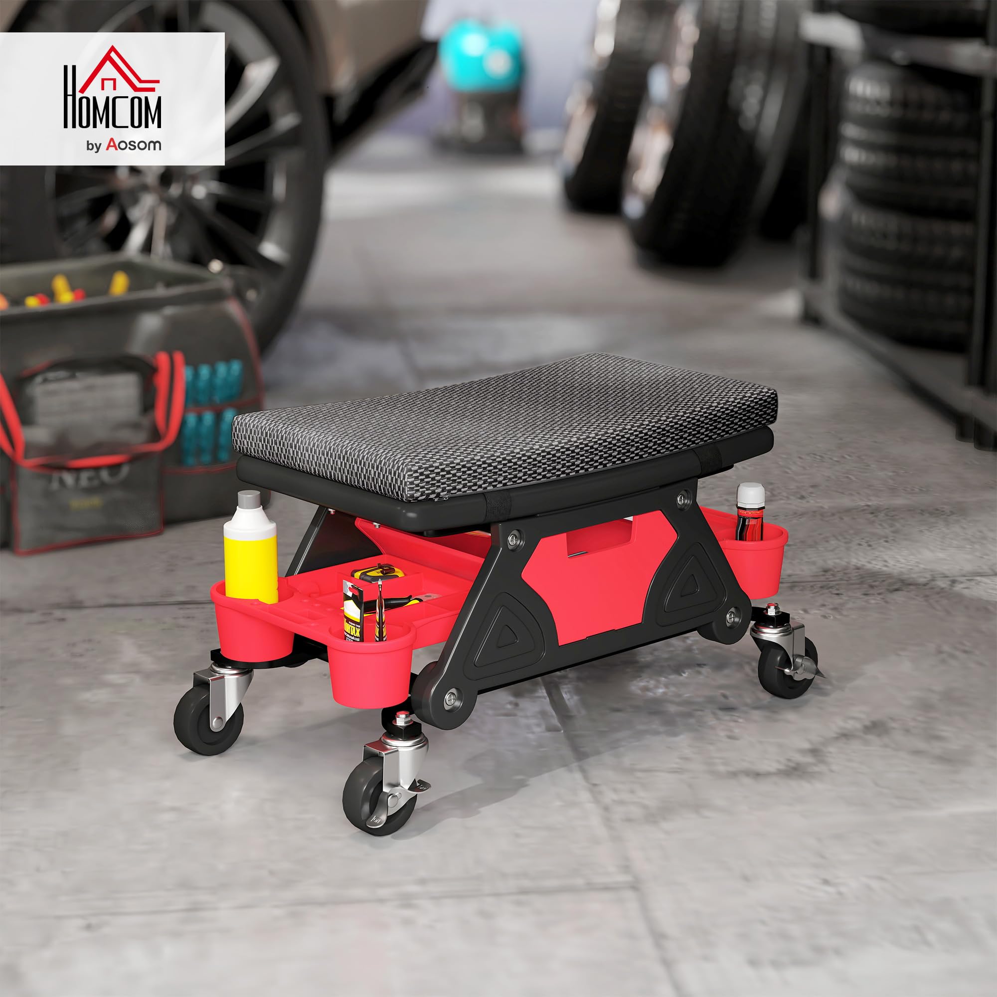 HOMCOM Sgabello mobile per officina, carico massimo 135 kg, sgabello da meccanico con rotelle, girevole a 360° con vassoi portautensili scorrevoli e cassetto, sedile girevole per officina di