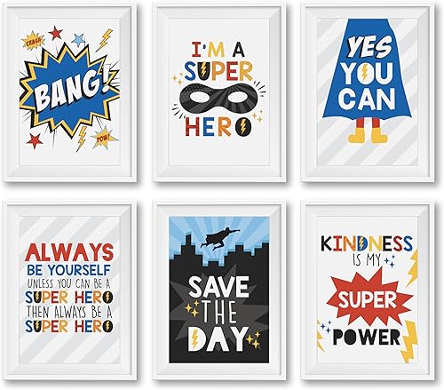 Hadley Designs 6 impresiones reversibles de decoración de pared de 8 x 10, decoración de habitación de superhéroe sin marco para niños, decoración