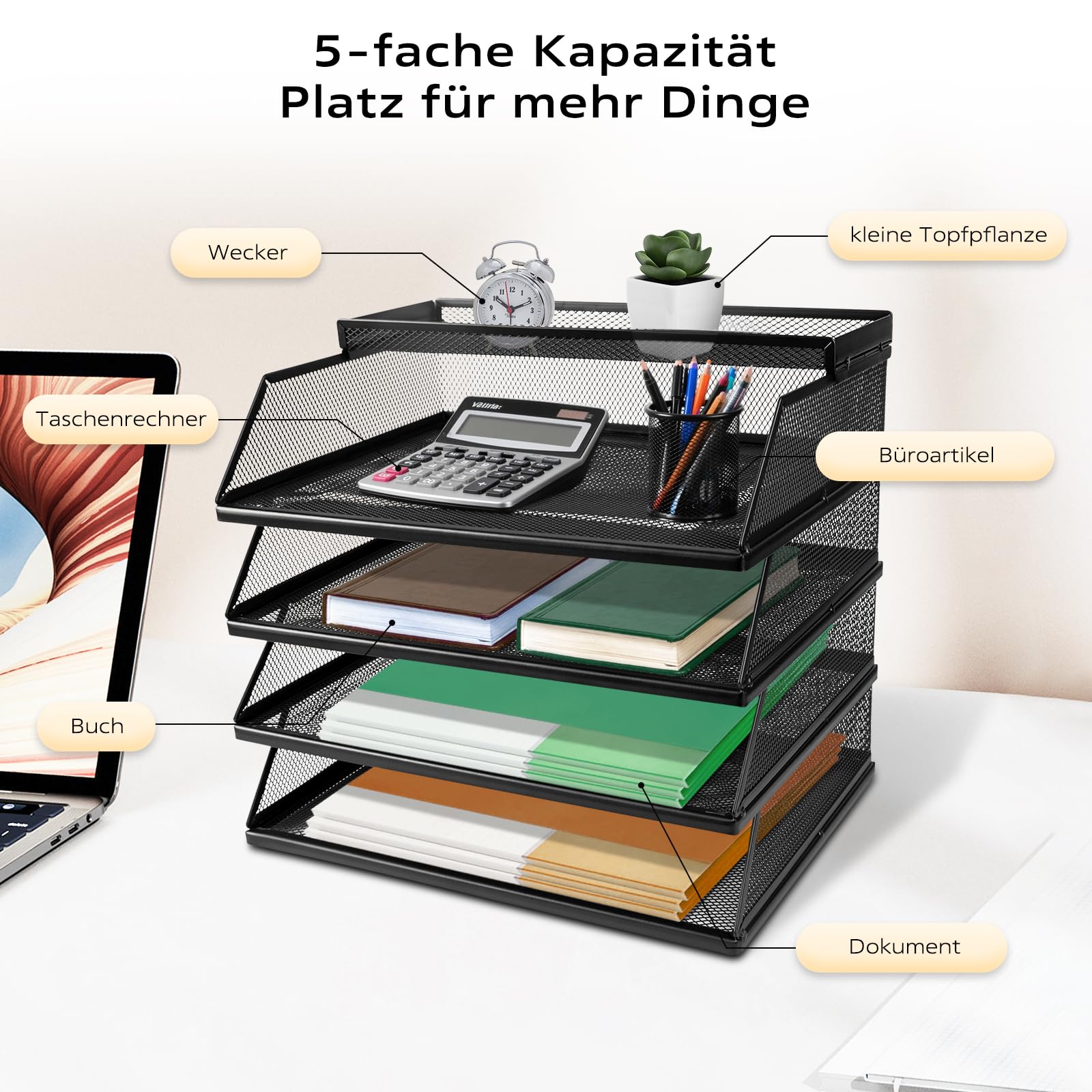 Dokumentenablage A4 Stapelbare Briefablage mit 5 Fächern (32 x 25 x 30 cm), Papierablage Schreibtisch Organizer, Aktenablage Ablagesystem für Büro und Arbeitszimmer, Schwarz