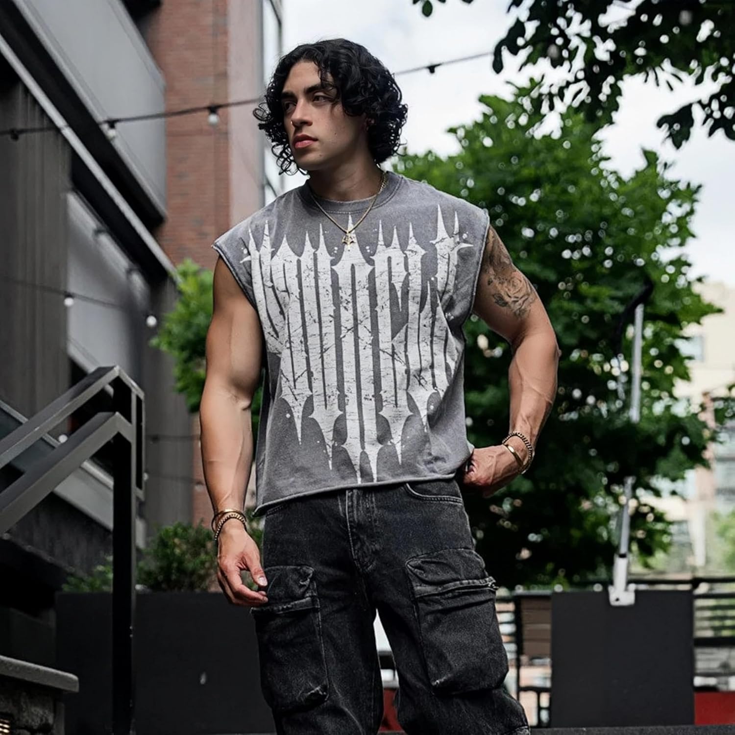 Men's Oversized Acid Wash Muscle Tank Top Cotton Heavyweight Back Graphic Sleeveless Gym Streetwear Tee