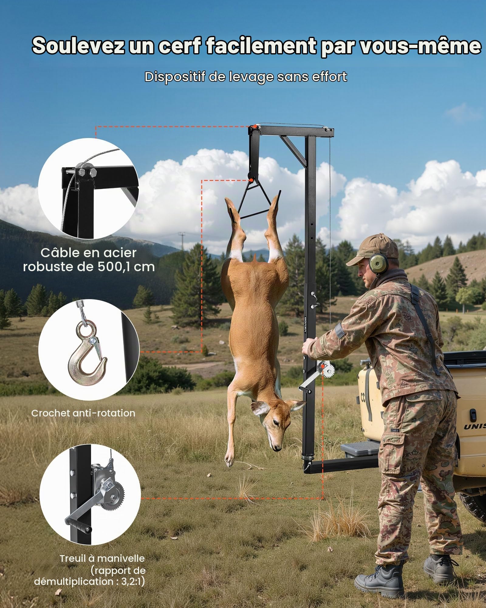 VEVOR Palan à Cerfs d'Attelage de Camion, Capacité de Charge, avec Treuil à Manivelle, Récepteur, Arbre Pivotant 360°, Réglable en Hauteur, pour Chasse en Plein Air, Transport à la Ferme
