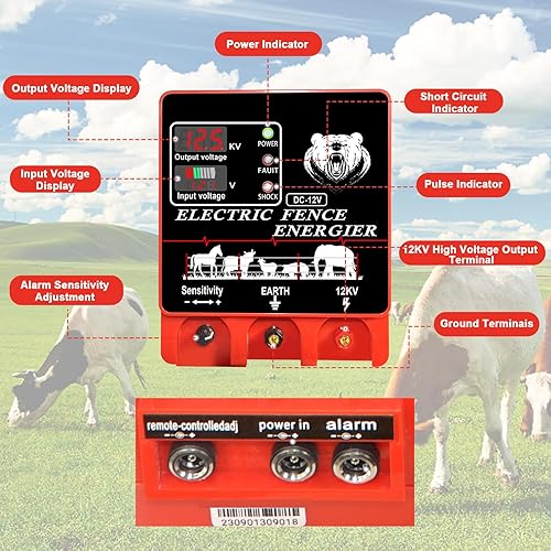 Miniatura 6 de Cargador eléctrico mejorado para valla con pantalla, 9 julios 400 acres, 12 KV, energizador eléctrico de valla con alarma, fuente de alimentación