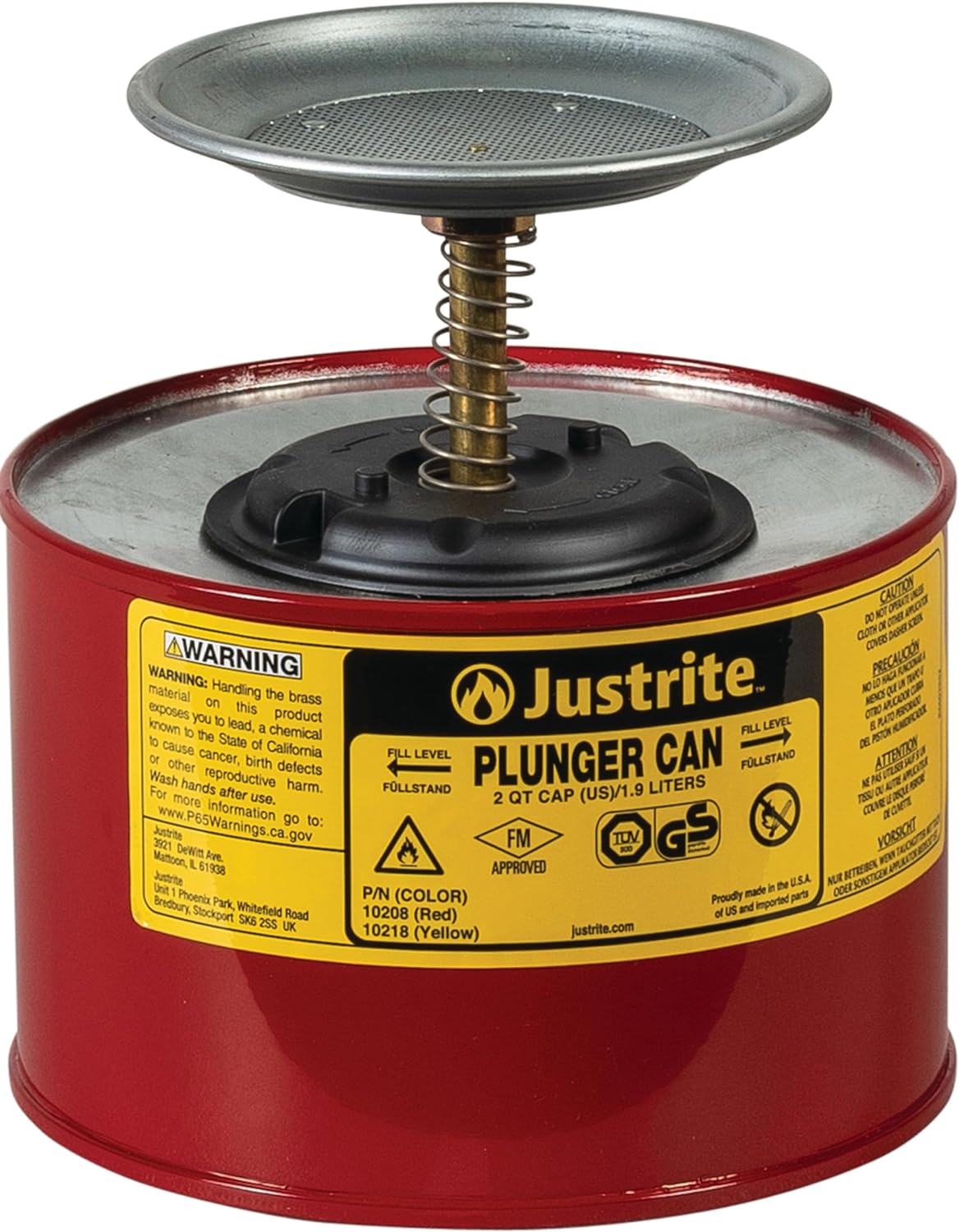 Justrite Plunger Can for Solvents, 2 Quarts Capacity, 7.4" x 7.25" Steel Push-Down Solvent Dispenser Can, Made in The USA Industrial Mechanic Tools, Red, 10208