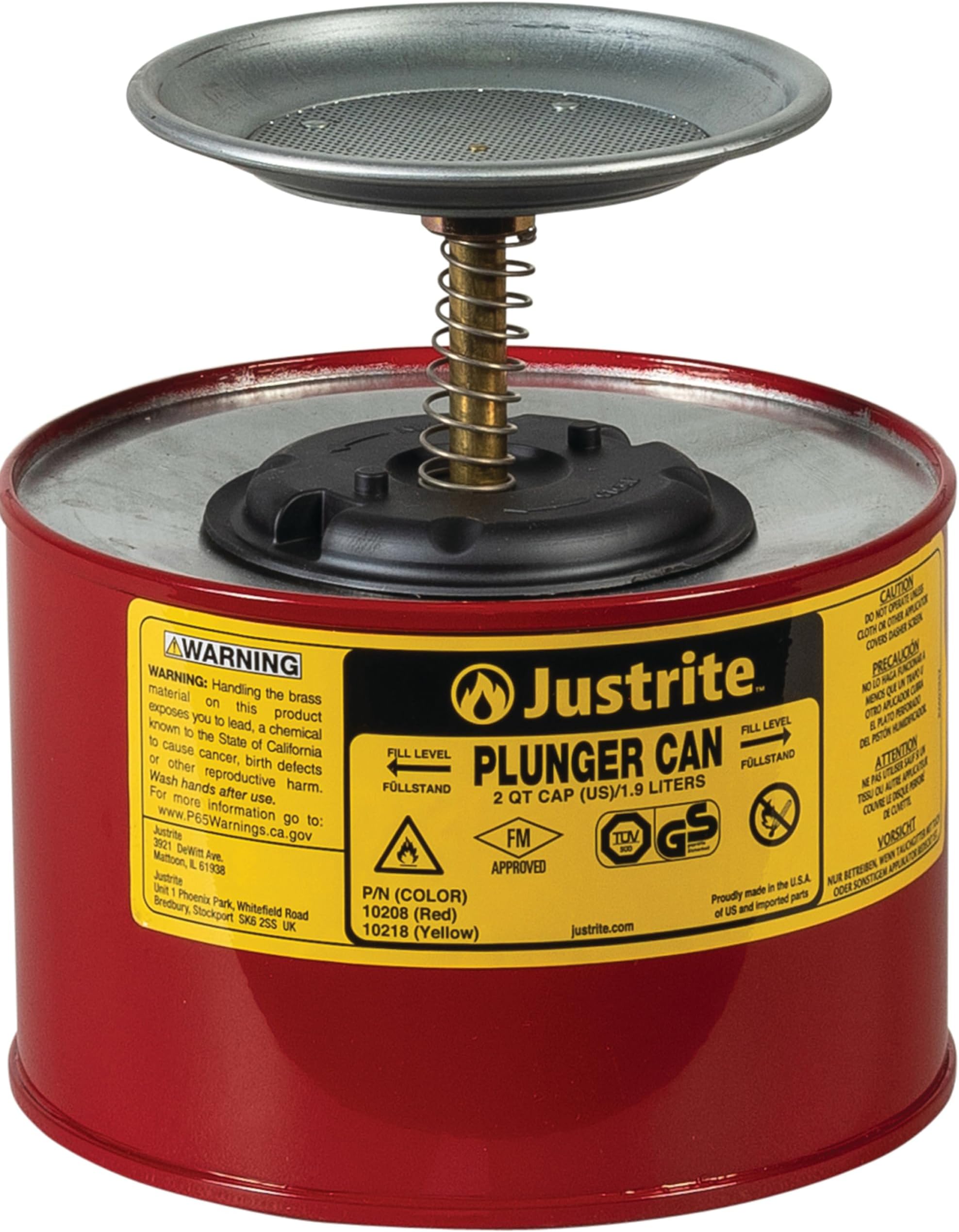 Justrite 10208 Steel Plunger Safety Can with Brass and Ryton Pump Assembly, 2 L Capacity, 7-1/4" OD x 7-3/8" H, Red