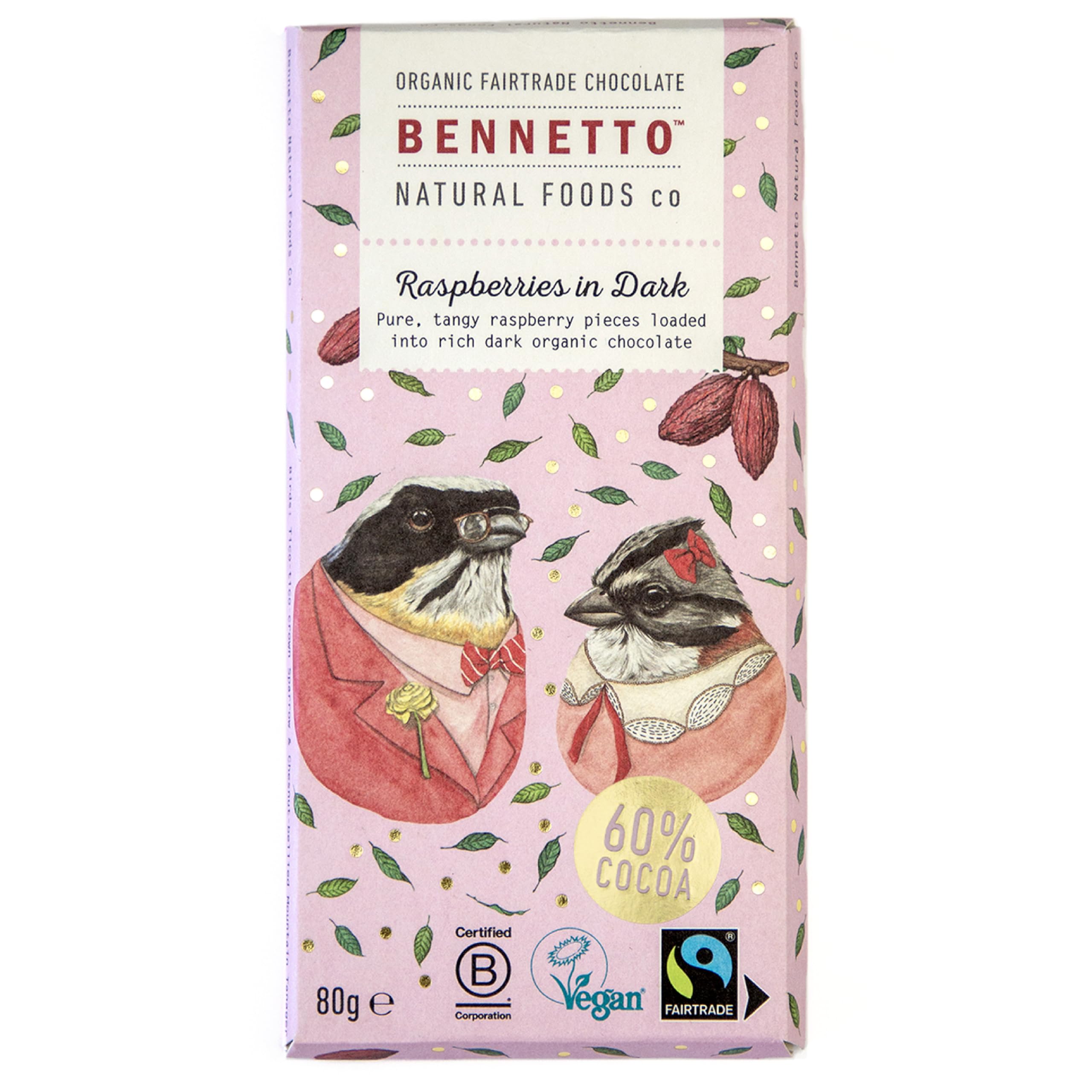 BENNETTO | Raspberries in Dark | Tangy raspberry pieces in rich dark chocolate. 60% cocoa. Certified organic, Fairtrade, and net climate positive. 1x 80g Bar