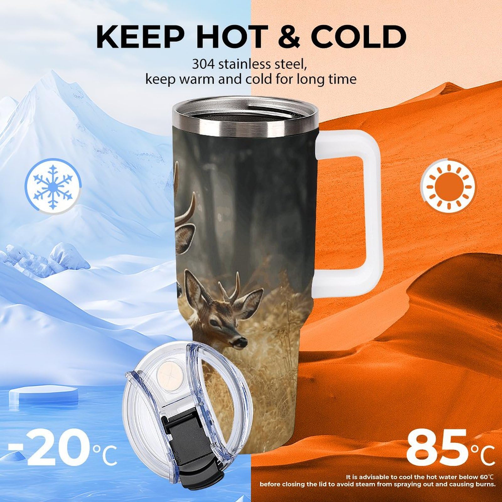 Edelstahl-Thermobecher mit Griff, Natur, Wildtiere, Hirsche, Edelstahl-Wasserflasche, hitzebeständig, auslaufsicher, geeignet für Auto-Becherhalter, 1,2 l