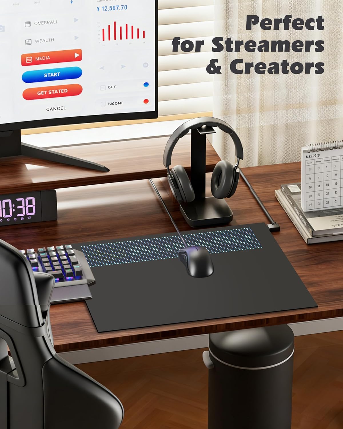 Smart LED Glass Mouse Pad with App Control, Pixel Display RGB Gaming Mousepad, Custom Pixel Animation Desk Mat, Tempered Glass Surface, 23.46 × 17.76 inch, for Gamers & Streamers(L,Black)
