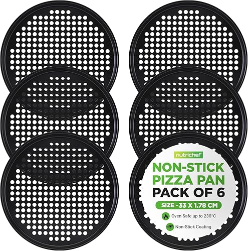 Vista 12 de NutriChef Sartén antiadherente para pizza de 12.8 pulgadas para horno, bandeja para hornear pizza de acero al carbono con agujeros de flujo de aire