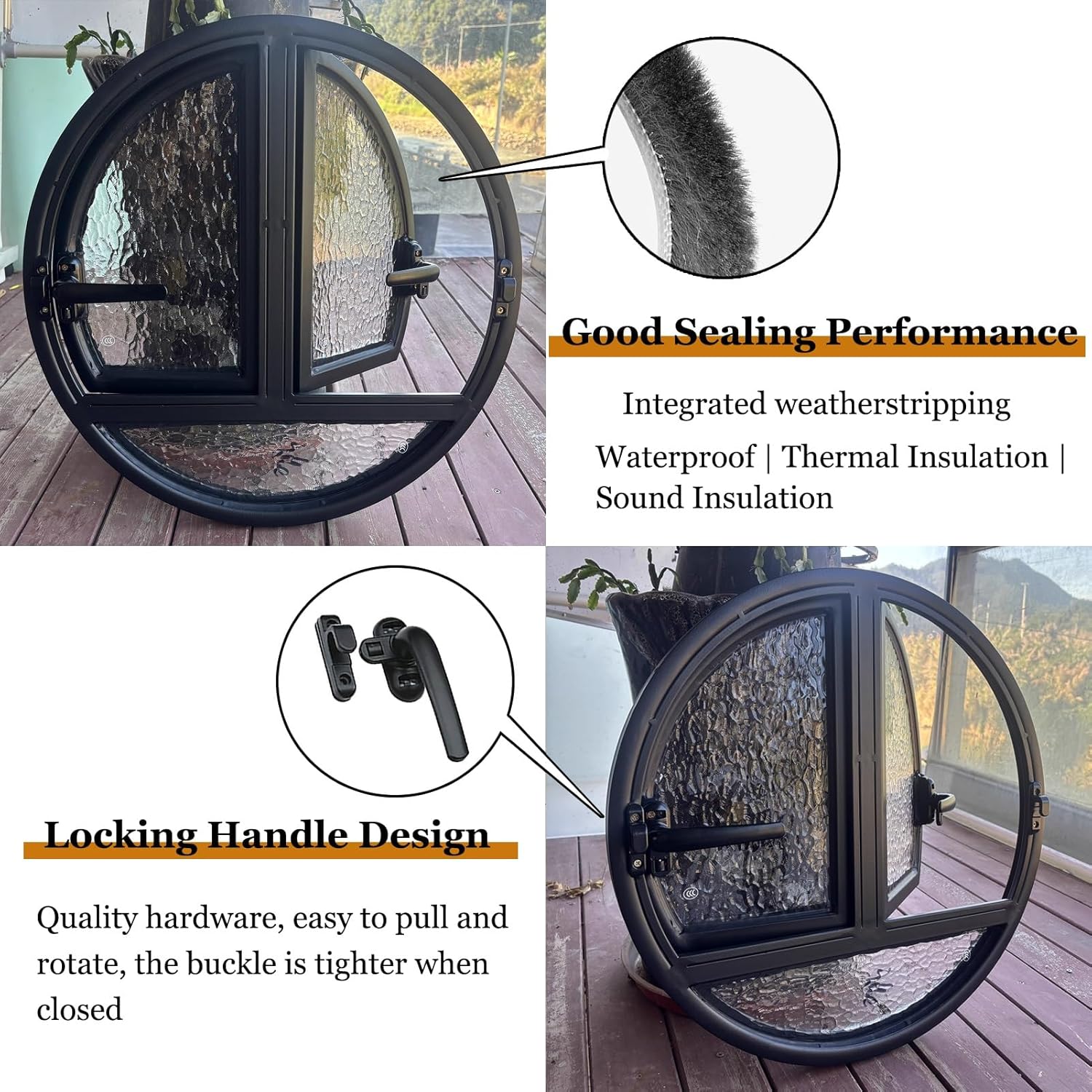 Round Aluminum Window, Dual-Opening Casement Window with Lockable Handle, customizable Indoor Ventilation privacy Glass Windows(Black,65 cm/25.6 in)