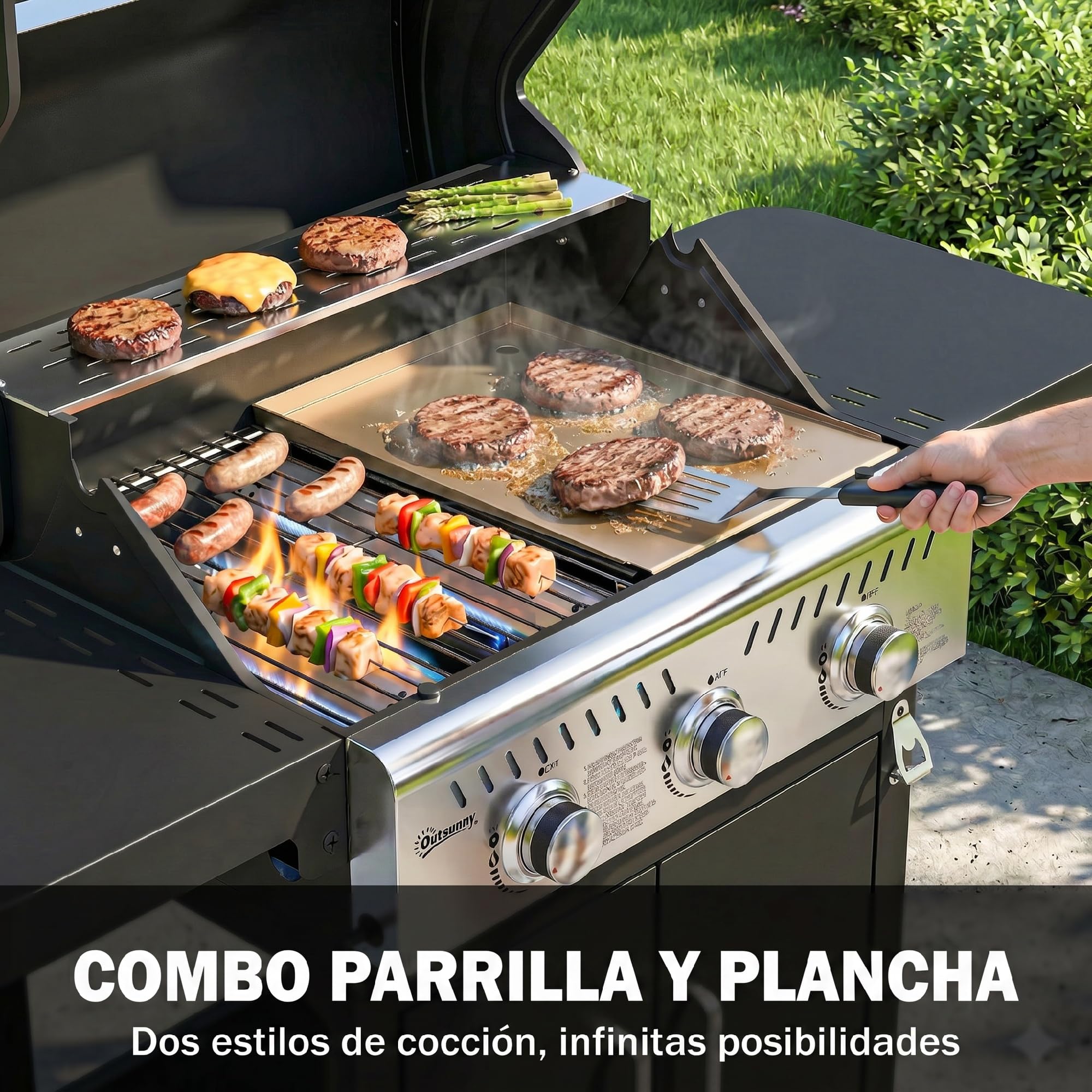 Outsunny Barbacoa de Gas BBQ Gas Portátil 3 Quemadores 7,5 kW Termómetro | Mesas Laterales Plegables, Rejilla Calentadora, Parrilla Plancha, Tapa con Ventana, Recogedor y Recipiente Grasa