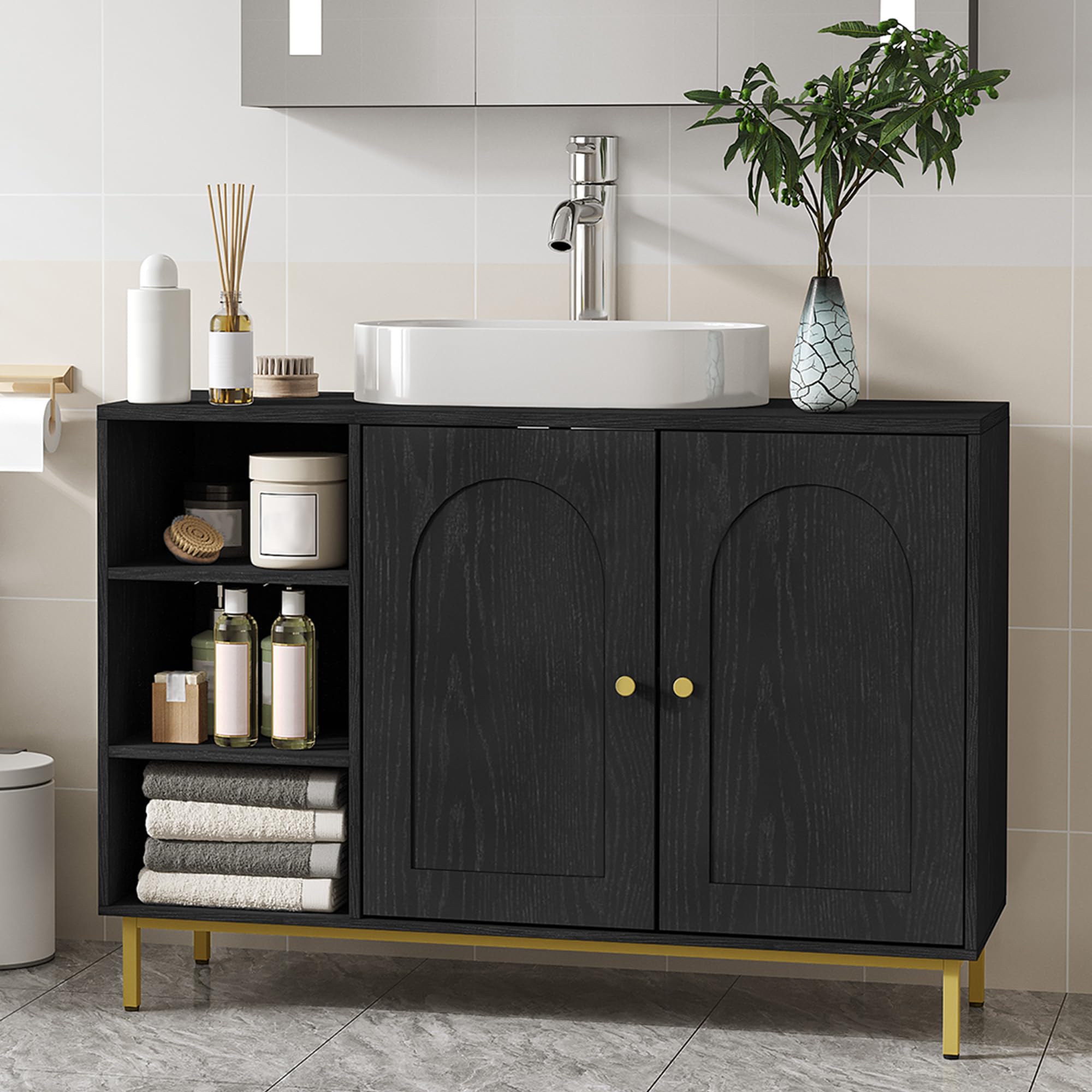 Hzuaneri Mueble Bajo Lavabo, Armario de Baño, con 2 Puertas, 2 Compartimentos, Balda Ajustable en Altura, Resistente a la Humedad, 30 x 90 x 63 cm, Negro BC09804G