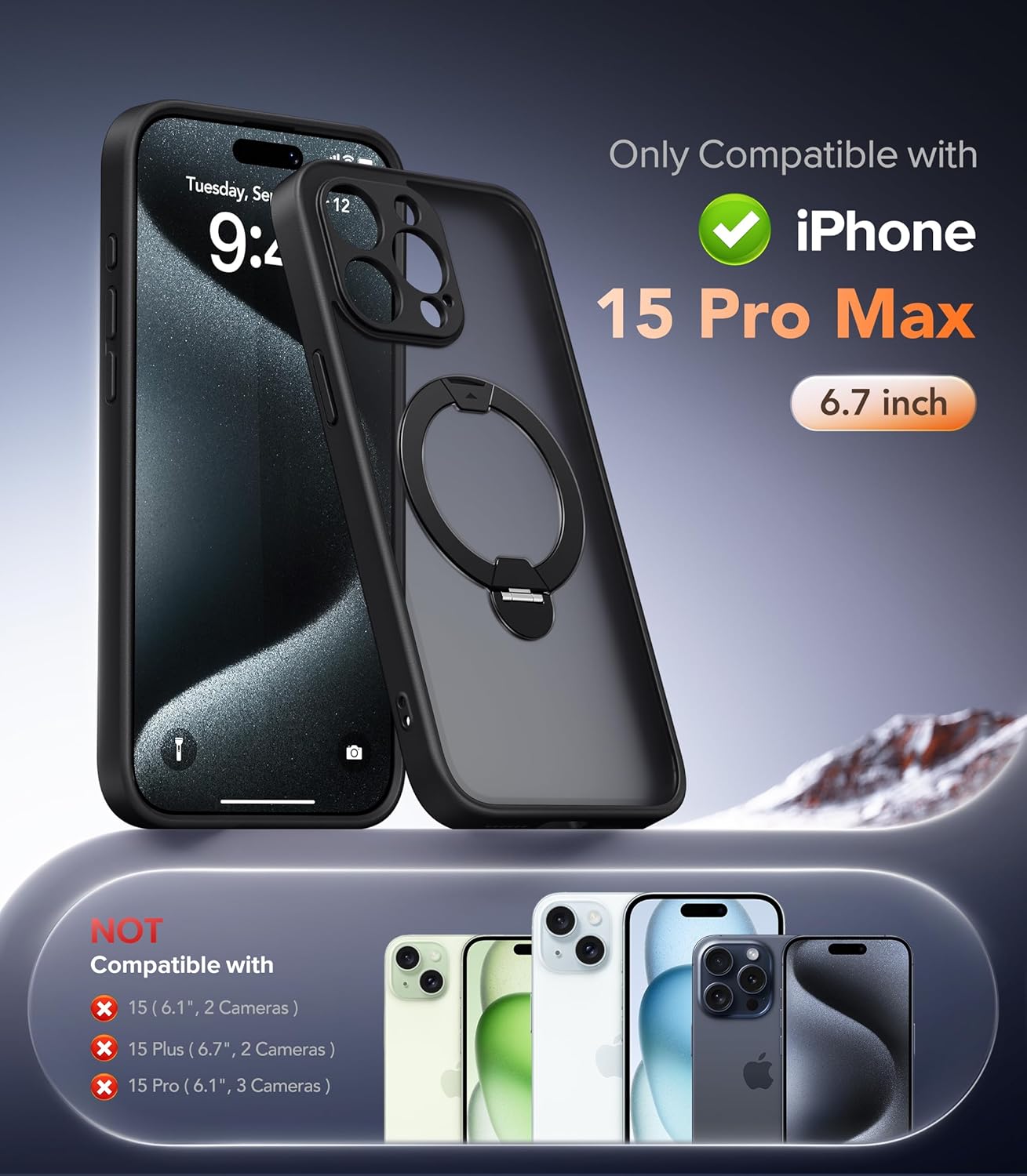 Upgraded Magnetic for iPhone 15 Pro Max Case,[Unbreakable & Magnetic Stand] [Military-Grade Protection] [Phone Case Compatible with MagSafe] Slim Translucent Matte Shockproof Phone Cover,Black