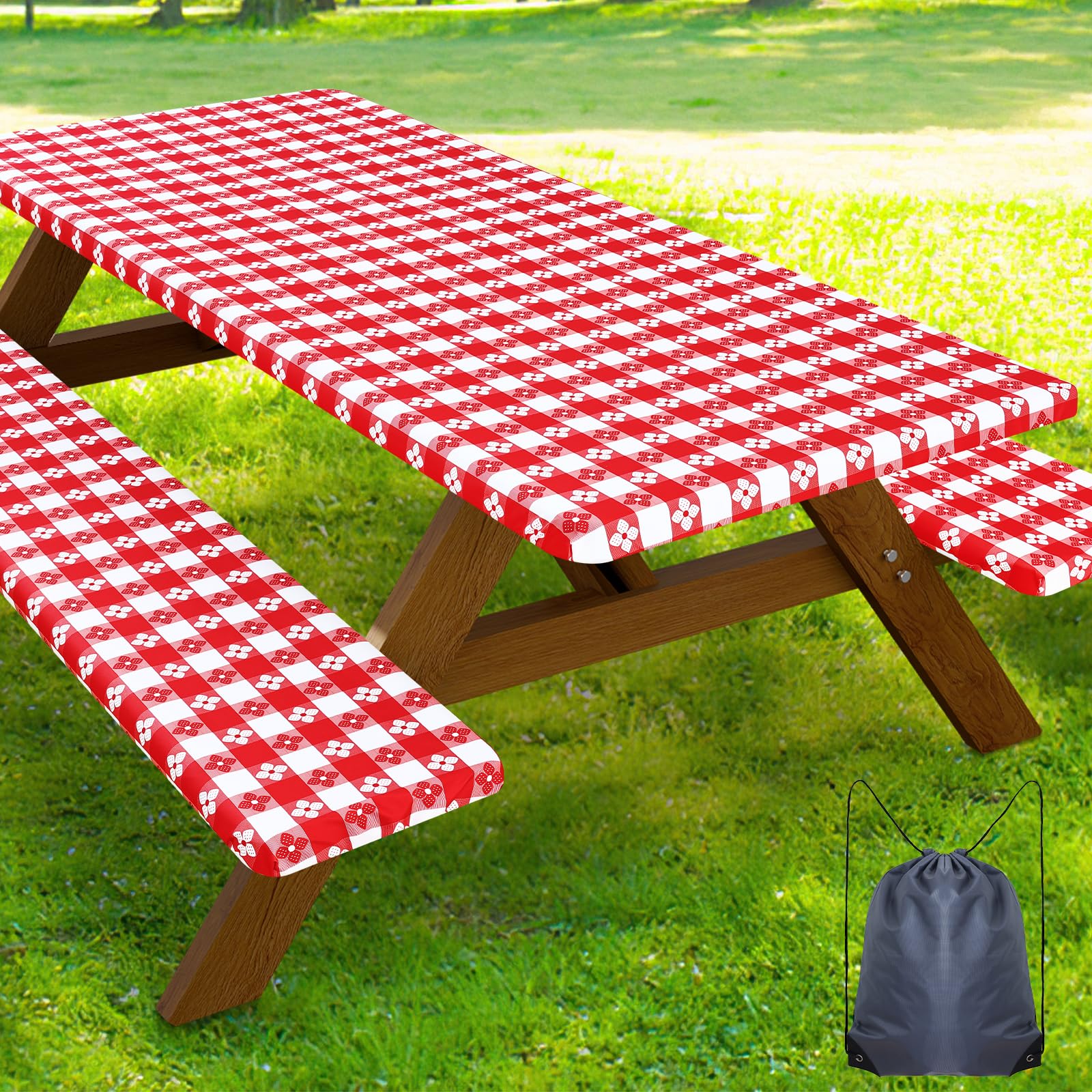 Smiry Picnic Table Cover with Bench Covers, Waterproof Elastic Fitted Tablecloth for 8 Foot Tables, Washable Polyester Tablecloths for Camping, Indoor &amp; Outdoor (Red &amp; White, 30x96 Inch 3-pc Set)