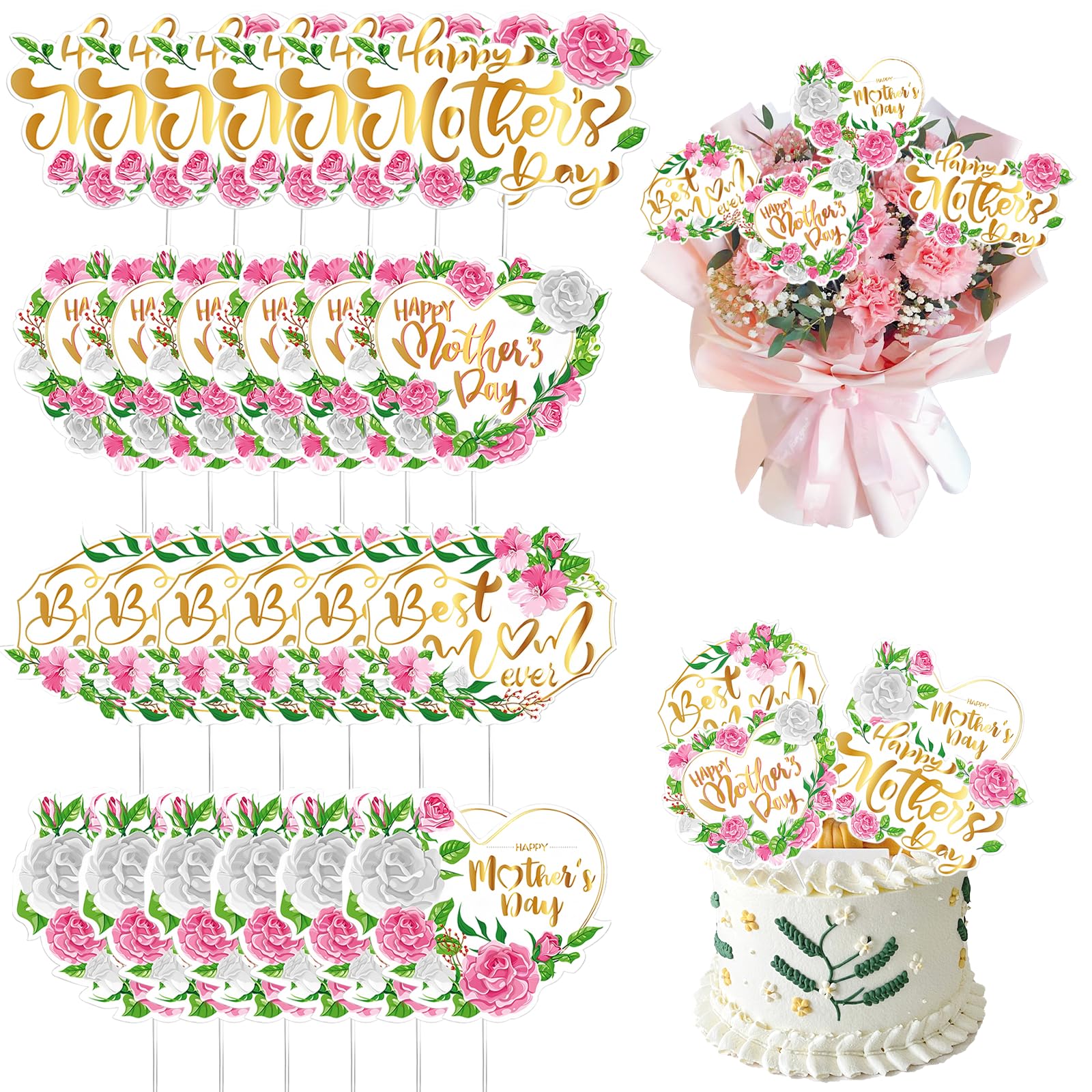 24 Pcs Happy Mother’s Day Cake Topper,Mother's Day Cake Party Decorations,Cake Bouquet Inserts,Mother's Day Bouquet Decorations,Birthday Party Cake Toppers