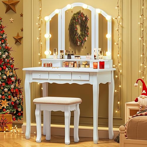 Tiptiper Juego de mesa de tocador con espejo plegable triple iluminado, tocador de maquillaje con luces y 3 modos de iluminación de color,