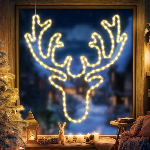 Decoración de luces de reno grande de 32 pulgadas de Navidad – 134 LED impermeable para decoración de pared con temporizador para decoración de