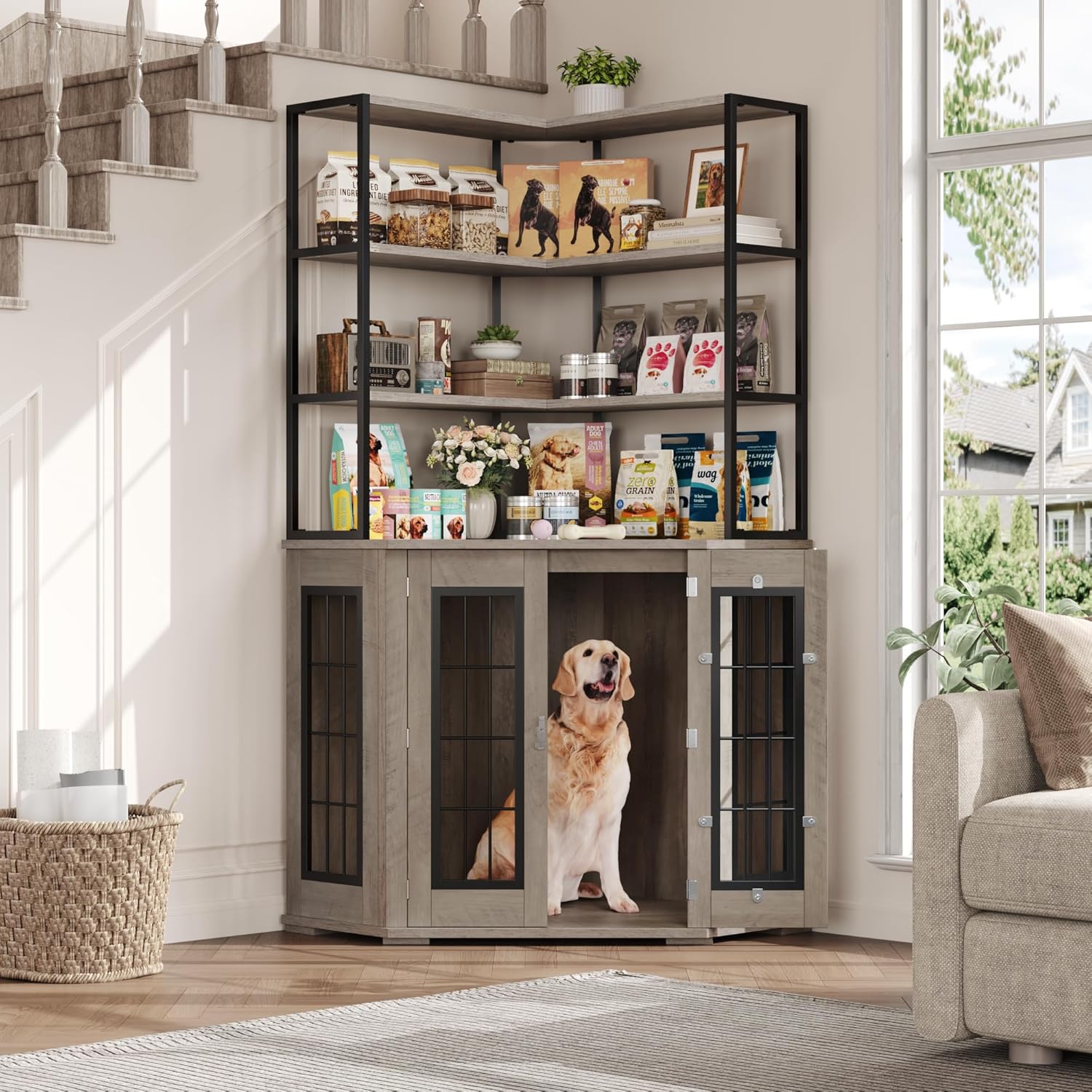 FACBOTALL Corner Dog Crate Furniture with Storage, Decorative Large Dog Kennel Indoor Furniture with Double Doors, 2 Safety Locks, 4-Tier Shelves, Large Dog Cage Furniture for Medium and Big Dogs