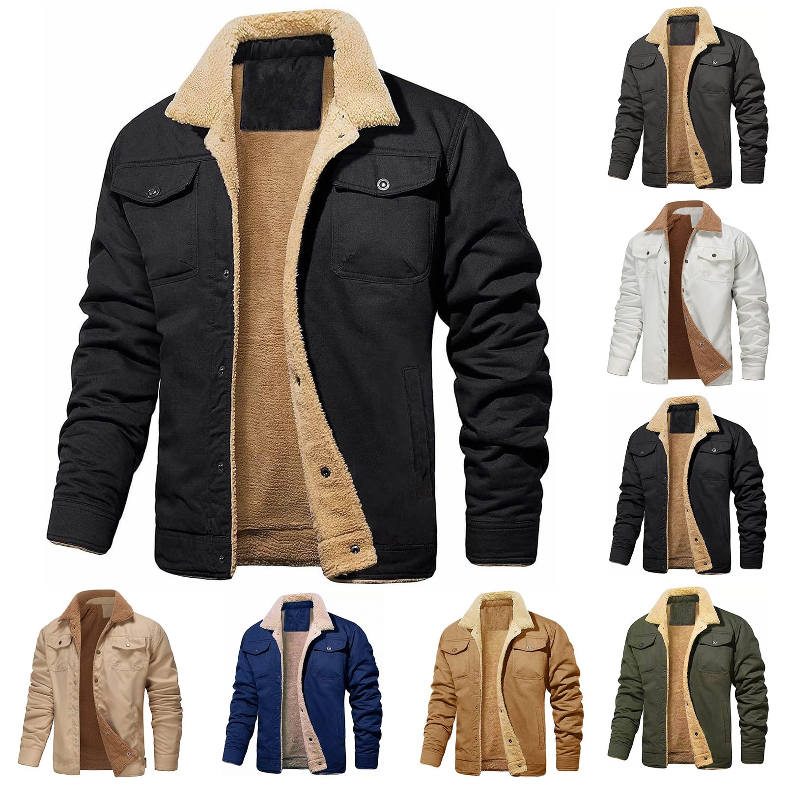 YSERB Sherpa Lined Jacket Men Fleece Warm Fuzzy Winter Coats Trucker Lapel Work Cargo Jackets Casual Overcoat with Button