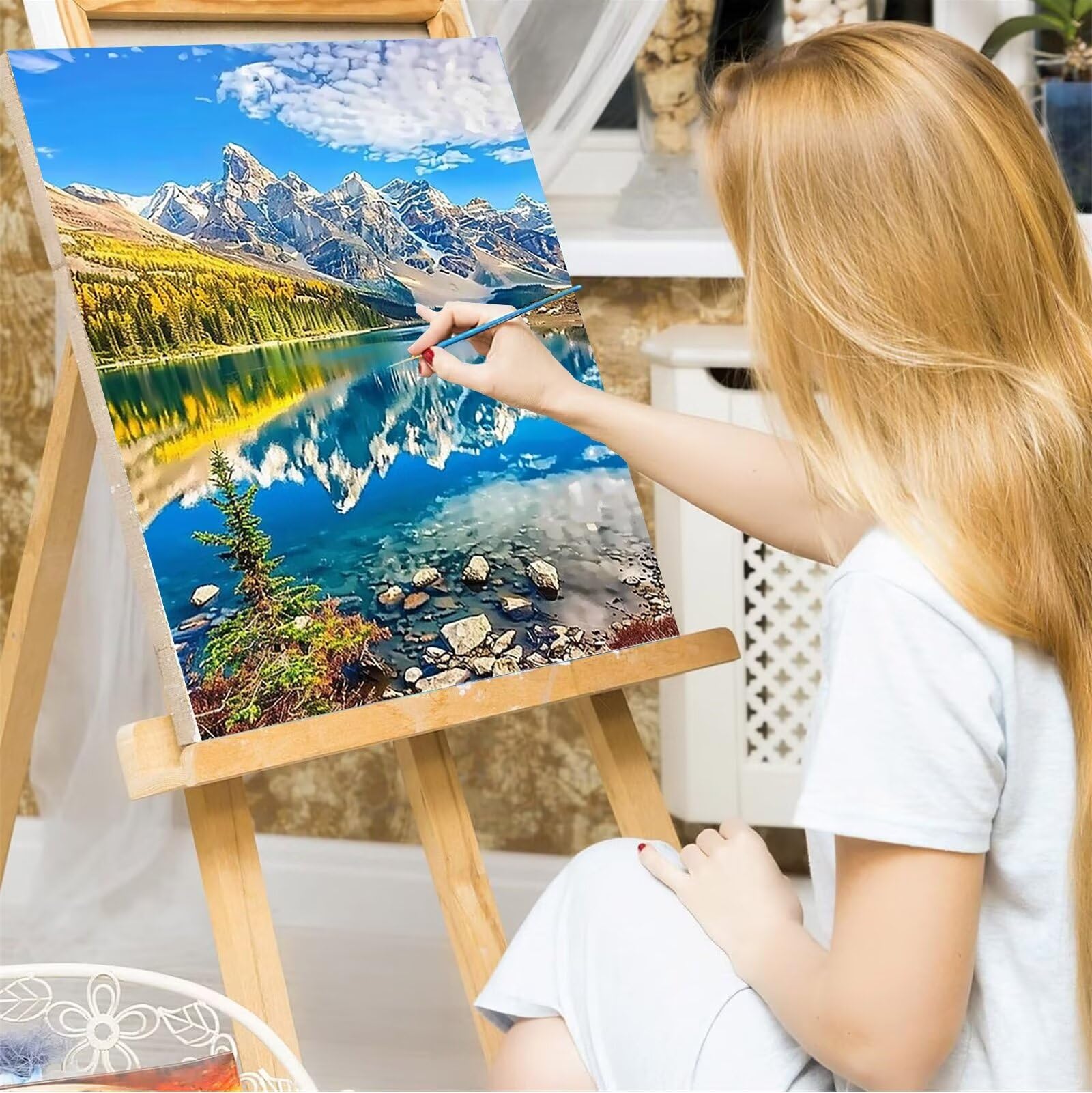 Malen Nach Zahlen Kinder Erwachsene Anfänger, Panorama Malen Nach Zahlen ab 9 10 11 Jahre Mädchen und Junge, Malen Nach Zahlen Kristall 2 Pinsel und Acrylfarben 60x80cm (mit Rahmen)