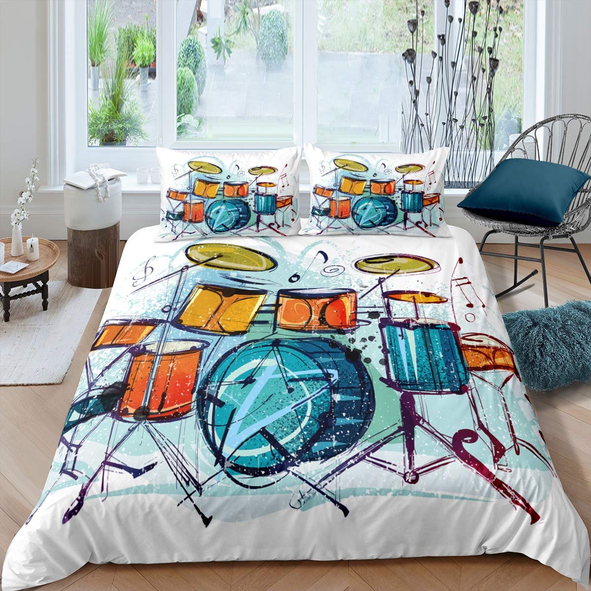Loussiesd Drum Kit Bedding Set Rock Music Themed Duvet Cover For Kids Young Man Teens Musical Pattern Comforter Cover Youth Style Bedspread Bedroom Decor Quilt Cover 2Pcs Single Size
