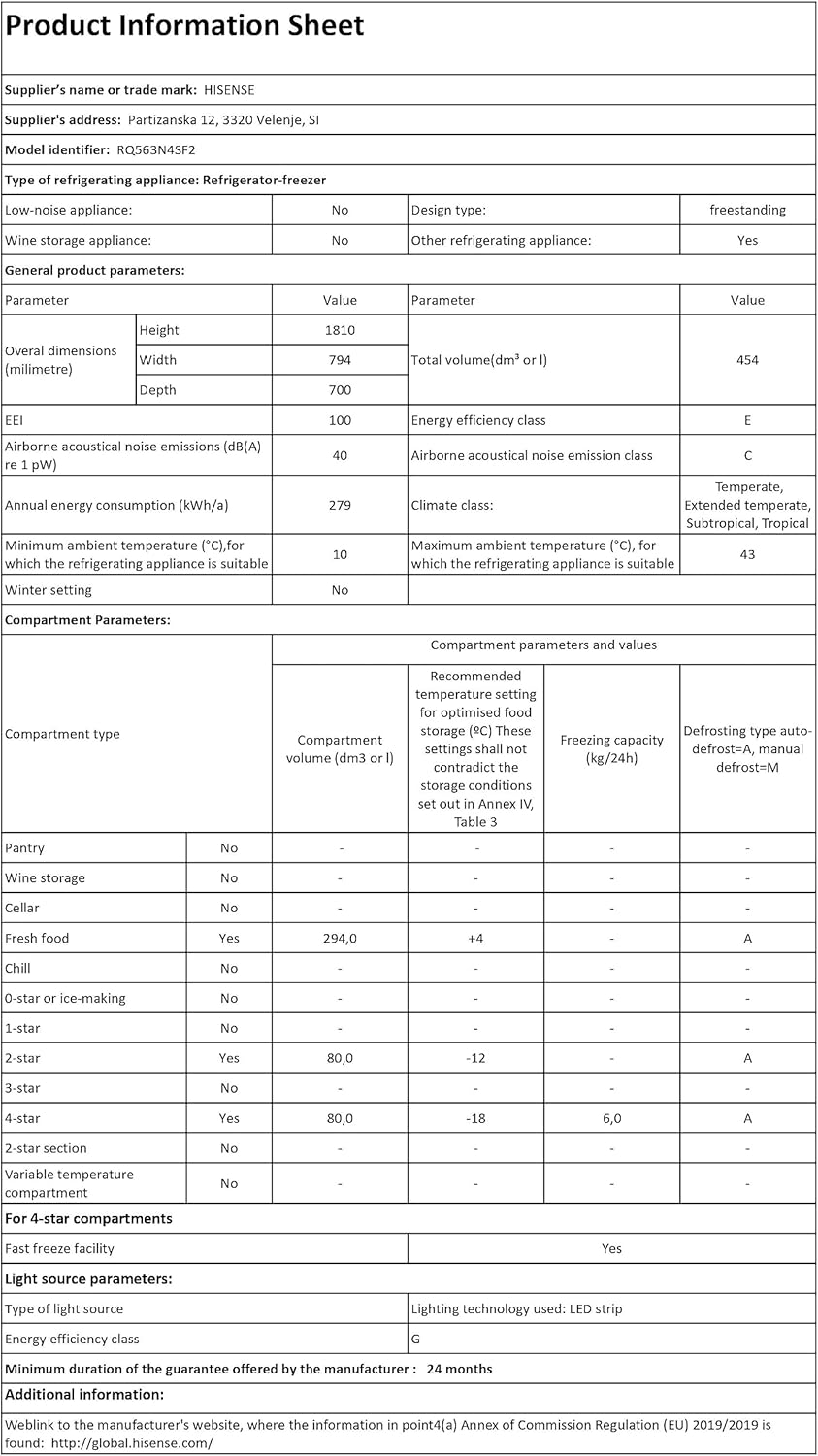 Product Information Sheet for Hisense RQ563N4SF2 refrigerator.