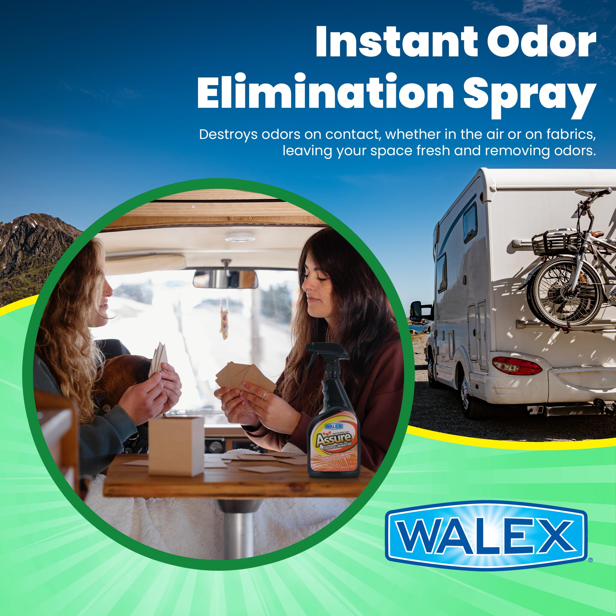 Walex Assure RV Odor Eliminator odświeżacz powietrza w sprayu, neutralizator dezodoryzatora do kampera, kampera, przyczepy, łodzi, domu, biura, czystego słońca, 900 ml