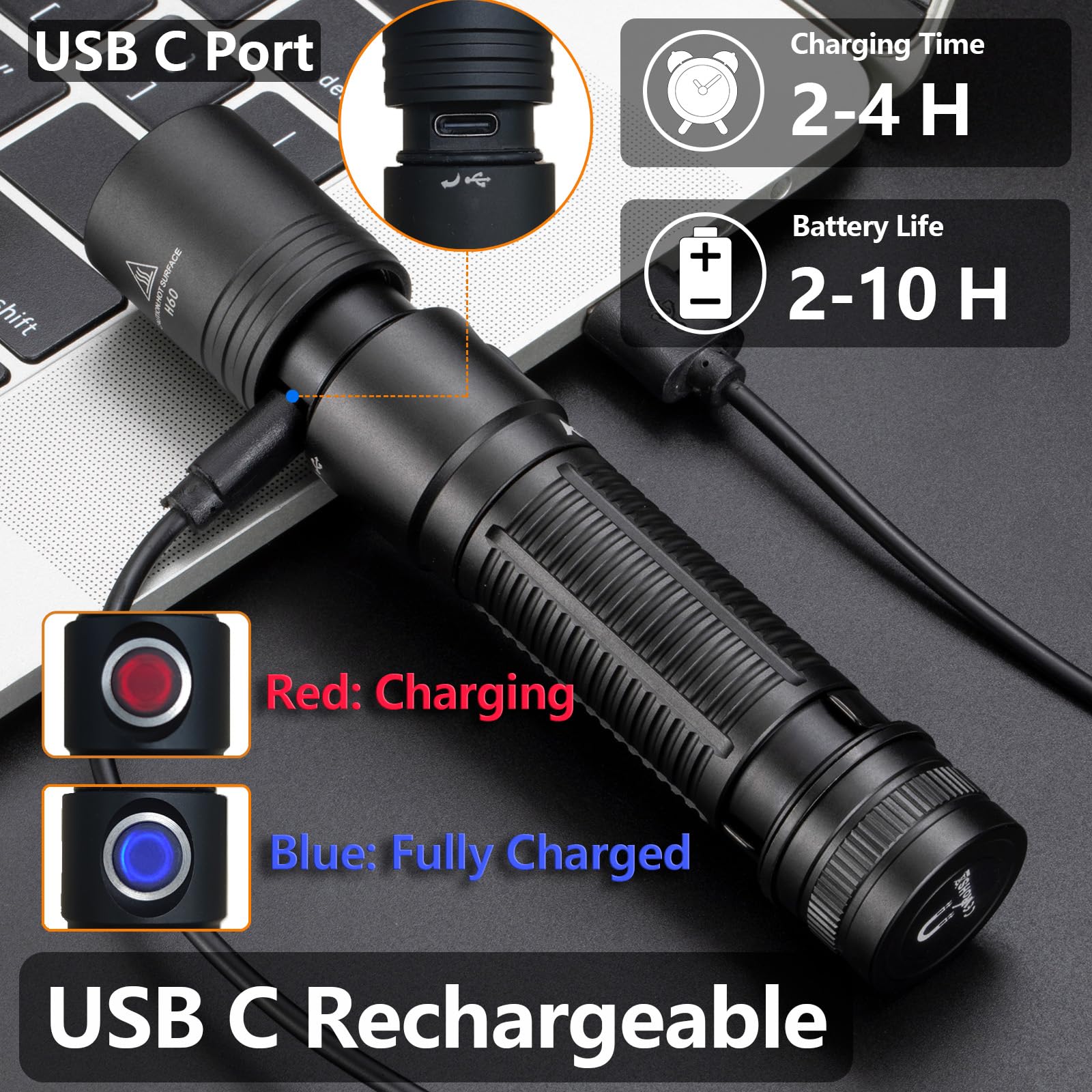 ALONEFIRE H60 LED Flashlight 1800 High Lumens Super Bright USB C Rechargeable 6 Adjustable Modes Waterproof Flash Light With Battery, Lanyard For Camping Emergency Hiking Home(Green) - Color Green | Guatemala - View #7