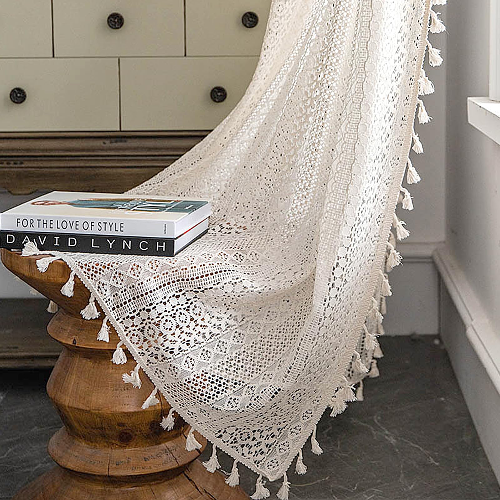 Lot de 2 rideaux en voile - Boho - Macramé - Rideaux vintage - Beige - 150 x 160 cm (L x H) - Pour salon, chambre à coucher