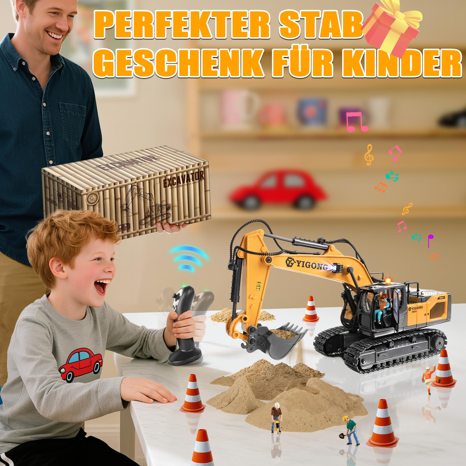 Ferngesteuertes Bagger Spielzeug für Kinder ab 4 5 6 7 8 9 Jahre, 2,4 GHz Schwerkraft Gesteuerte Bagger Ferngesteuert mit Licht und Sound, 11 CH RC Spielzeugautos Geschenk für Junge 5-12 Jahre Alt