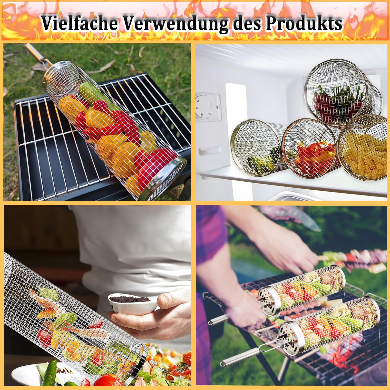Set of 2 Stainless Steel Grill Baskets with Removable Handle, Cylindrical Grill Basket - Image 3
