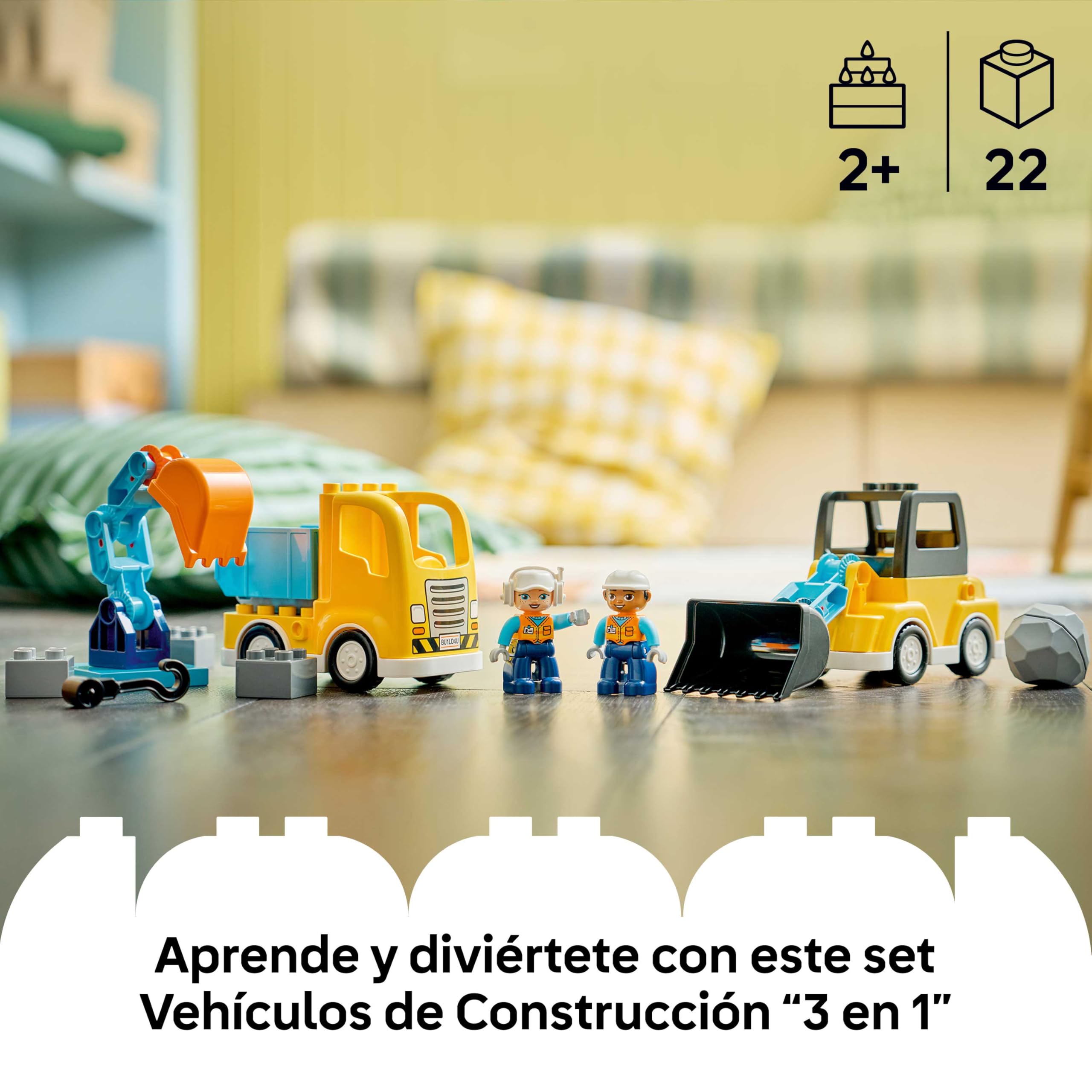 LEGO Duplo Vehículos de Construcción “3en1” - Juego Educativo Montessori con Camiones, Excavadoras y Vehículos de Construcción de Juguete - Regalo de Cumpleaños para Niños y Niñas de 2+ Años - 10475