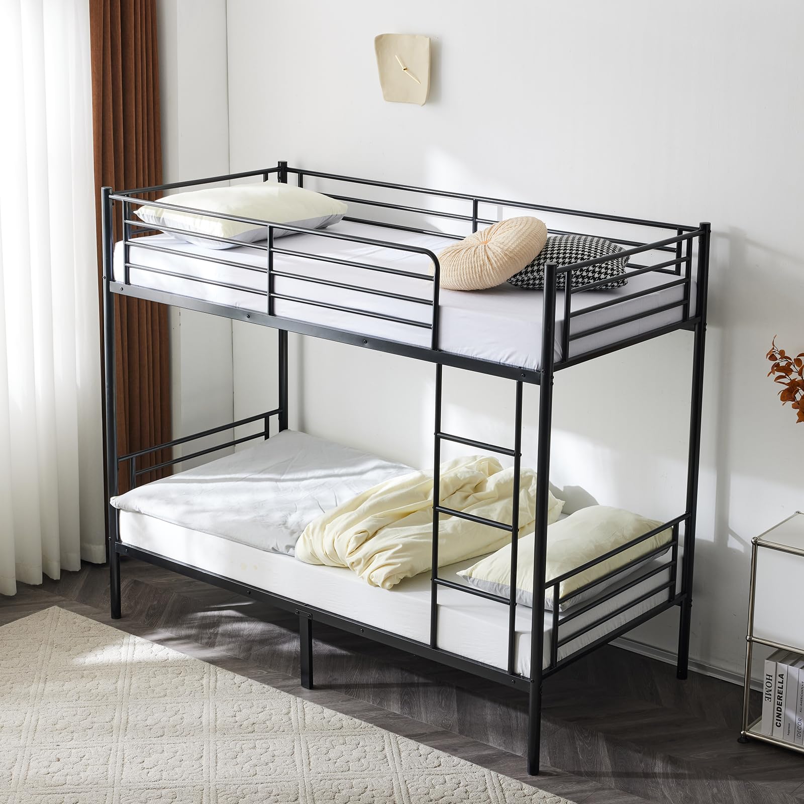 GALER Twin Over Twin Bunk Bed, Heavy Duty Metal Single Bunk Bed Frame with Ladder & Safety Guard Rails, Space Saving High Sleeper Beds for Kids, Teens & Adults (Black)
