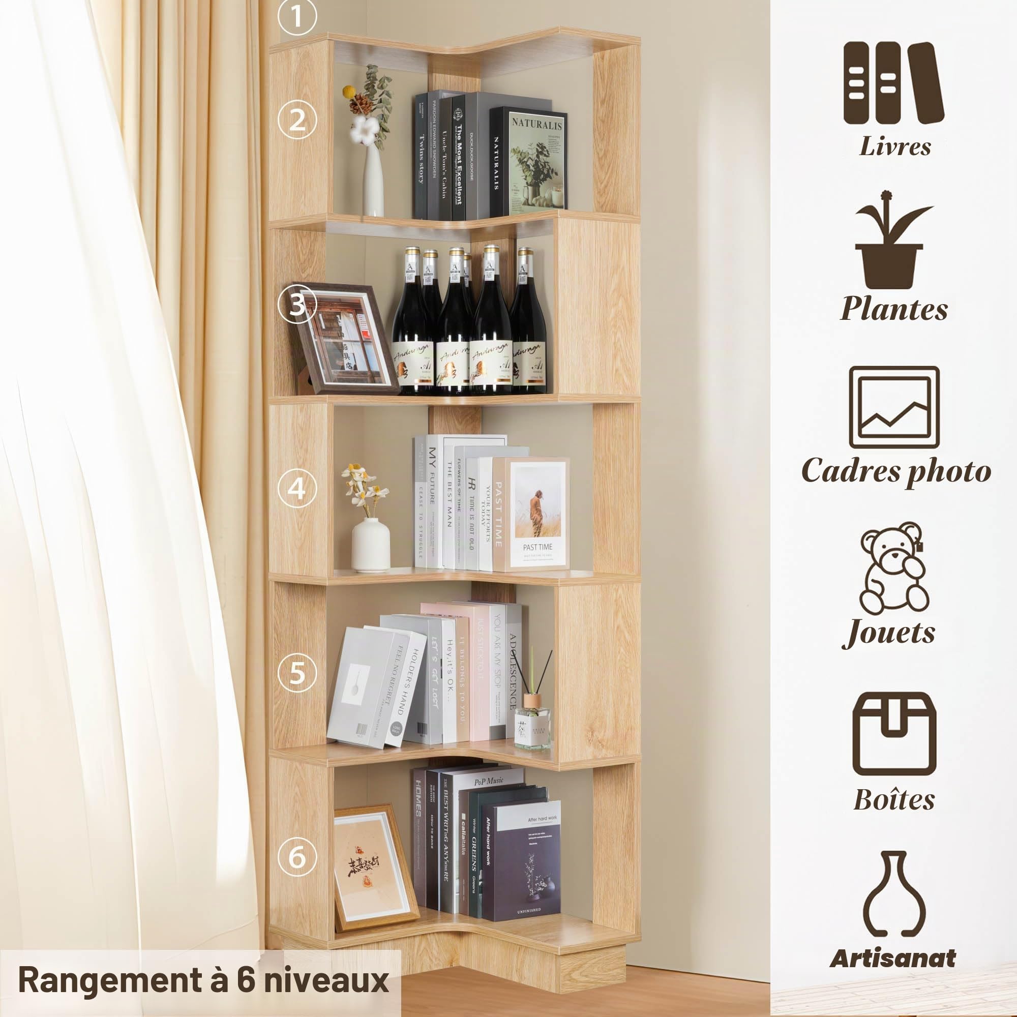 bimiti Bibliothèque d'angle en bois à 6 niveaux - 175 cm de haut - Grande étagère d'angle de rangement pour salon, maison, bureau