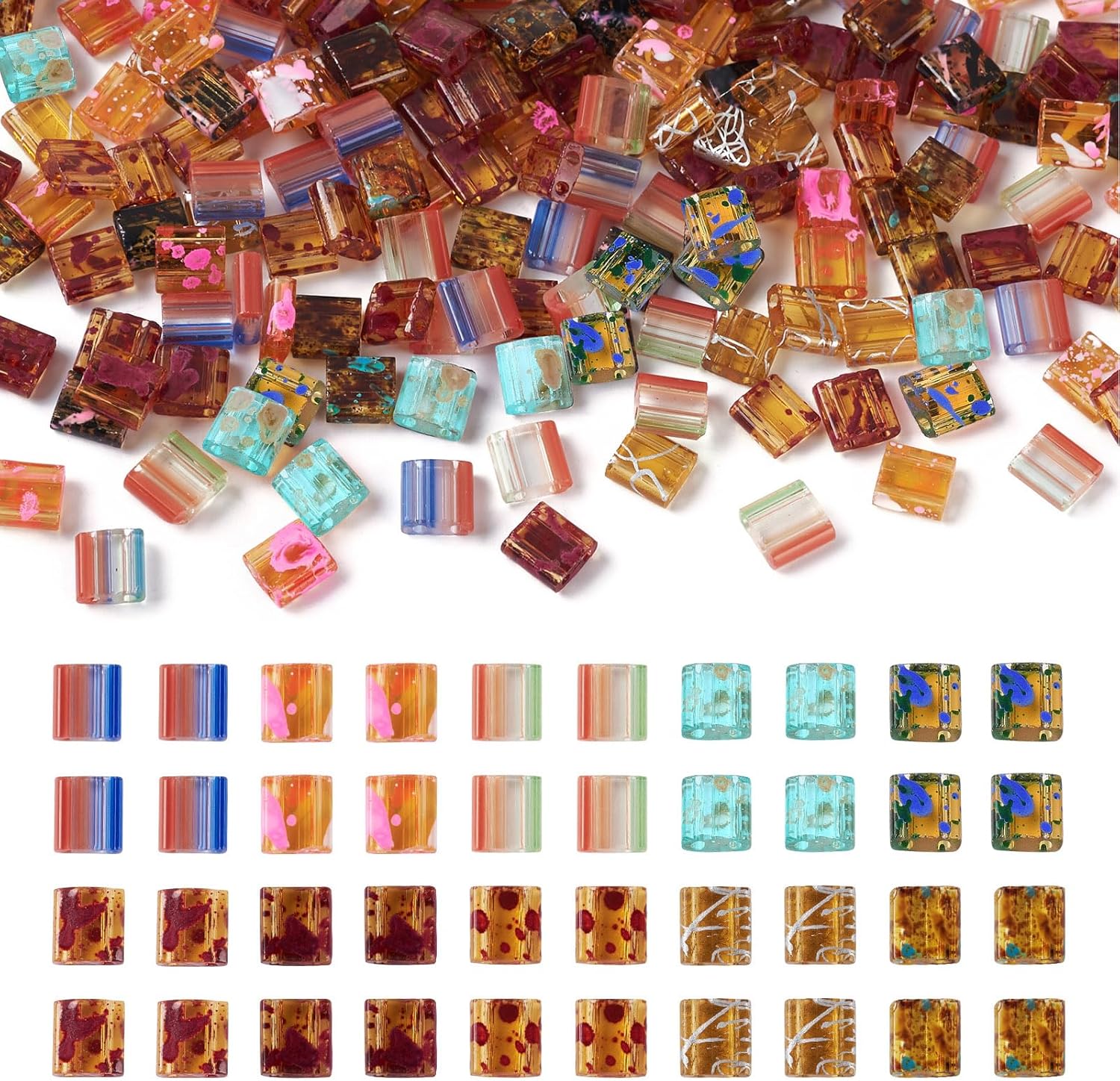 PH PandaHall 200Pcs Mixed Color 10 Style 5x4.55.5x25.5mm Glass Square, Rectangular Beads for Bracelet, Necklace, Earrings, Multilayered Jewelry Making