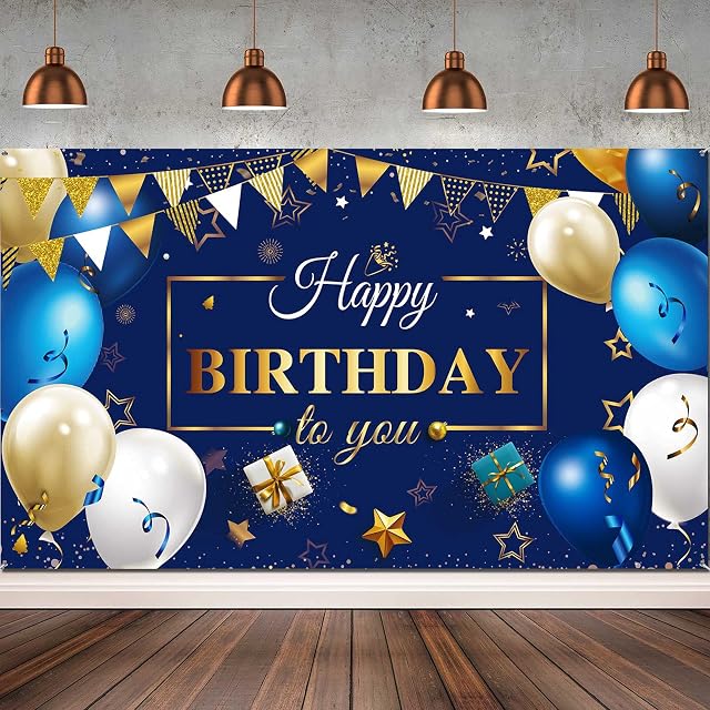 Happy Birthday Decorations Banner, Navy Blue and Gold Happy Birthday Sign Birthday Party Supplies Photo Backdrop Background for Birthday Party Favor Children Men Women Celebration, 72.8 x 43.3 Inch