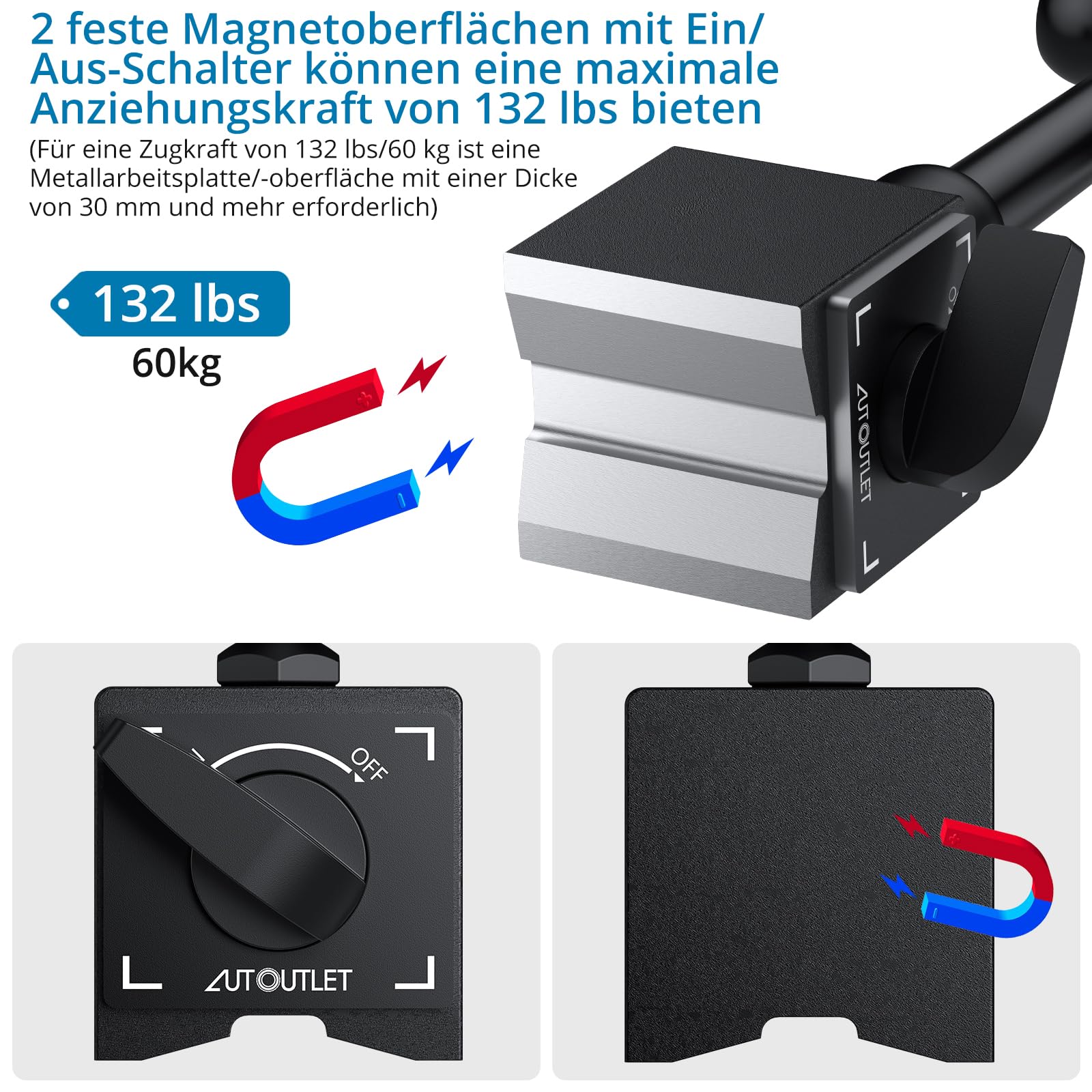 AUTOUTLET Digital Messuhr und Magnetfuß mit Zentralklemmung 25cm 132lbs/60kg Maximale Zugkraft, 0-25,4mm/1'' Messtaster Zoll/Metrische Umrechnung, Magnet Messuhrhalter, für Labor Werkstatt 3D Drucker
