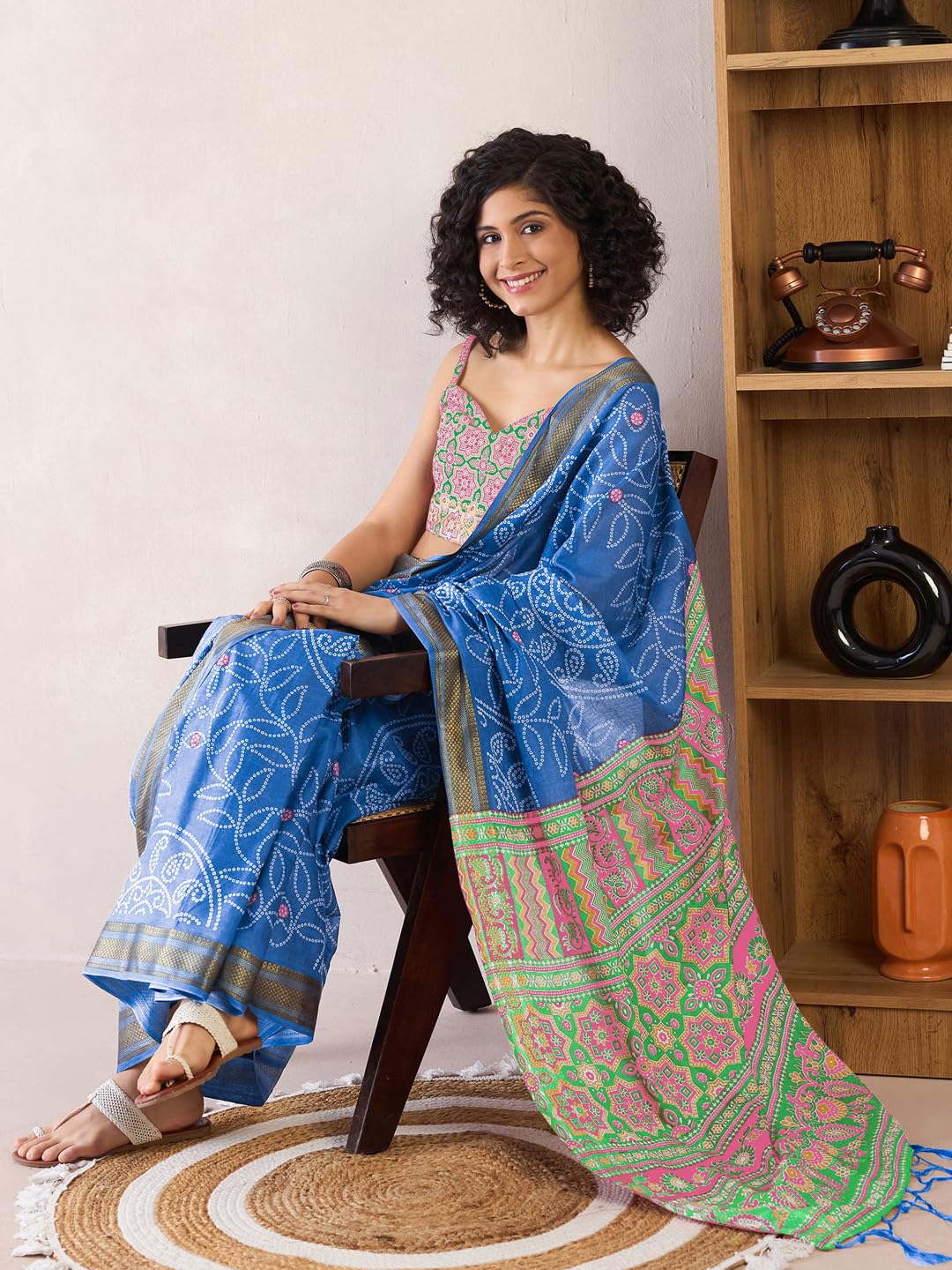 SAREE MALL Women's Blue Cotton Bandhani Printed Ready To Wear one Minute Saree With Unstitched Blouse (RTWMINAXI7401A_SMC) 2