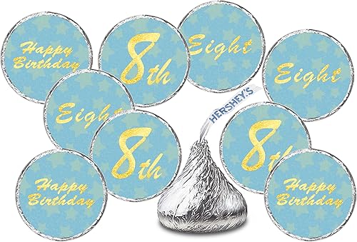 Calcomanías de besos de cumpleaños número 8, ocho etiquetas de beso azul para fiesta de cumpleaños de niños, decoraciones de mesa de gotas de